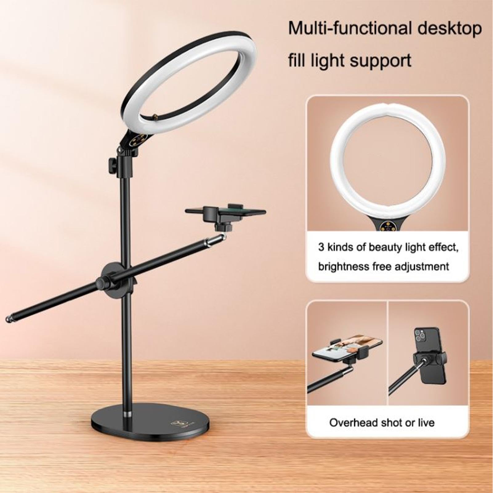 Anneau clignotant à selfie LED avec support réglable, support de téléphone compatible, lampe à selfie LED avec trépied, anneau lumineux portable pour photographie de smartphone