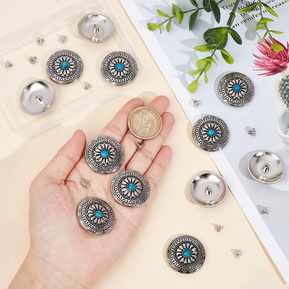 GORGECRAFT 1 Box 12PCS 30mm Screw Back Buttons Blue Turquoise Conchos Round Vintage Buttons Sunflower Daisy Decorative Screws Rivets Buckles Replacement Buttons for DIY Leather Craft Fabrics Decor