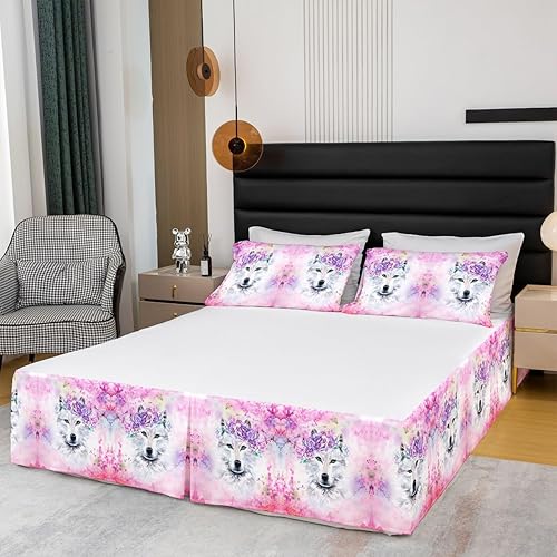 Miniatura 3 de Falda de cama plisada con volantes y polvo de lobo, teñido anudado, estampado de lobo rosa, falda de cama tamaño Queen para niños y niñas,