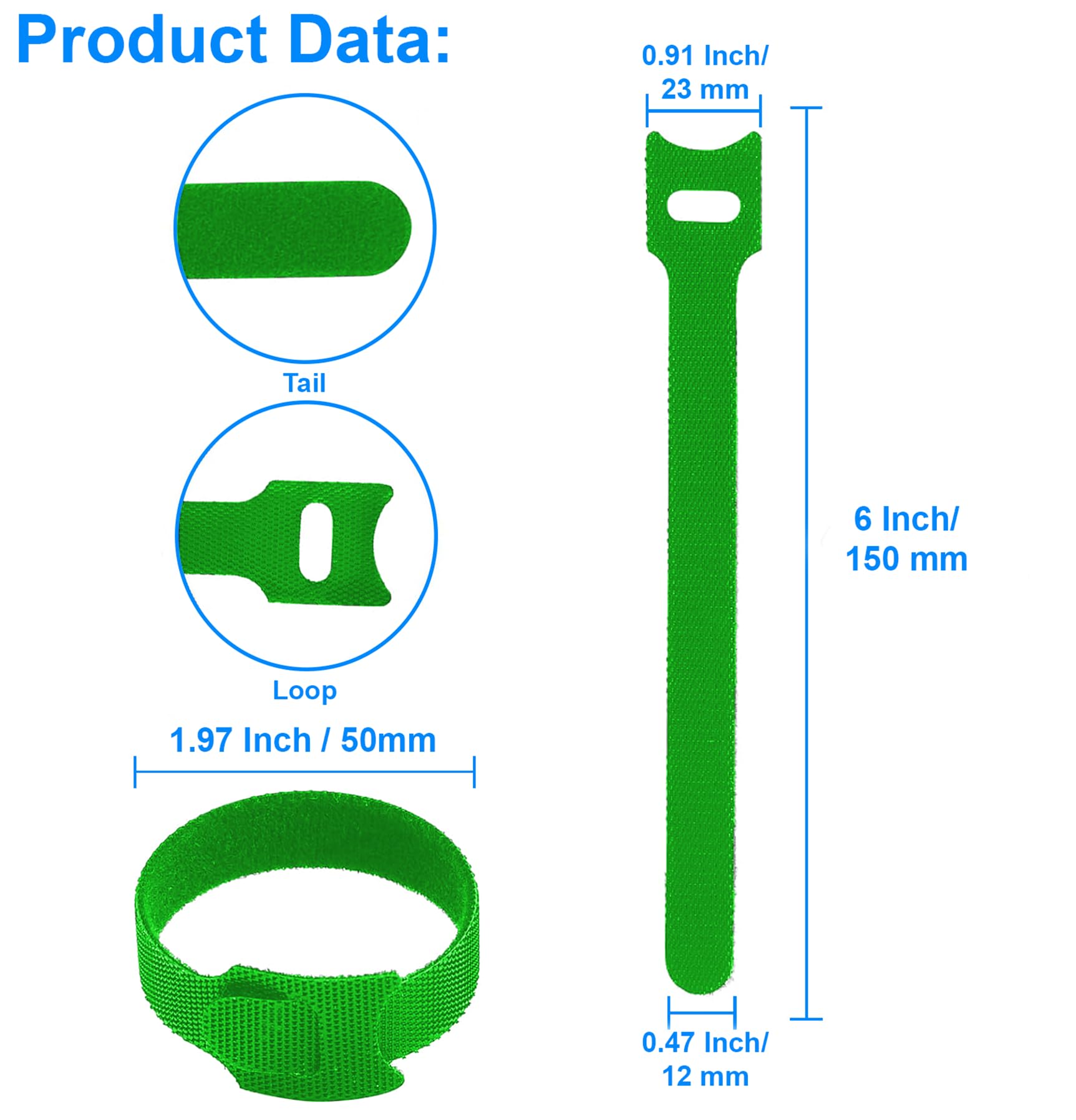 California JOS 60 PCS 6 Inches Reusable Cable Ties, Adjustable Cord Straps, Cable Organizer, Cord Wrap and Hook Loop Cords Management -Green