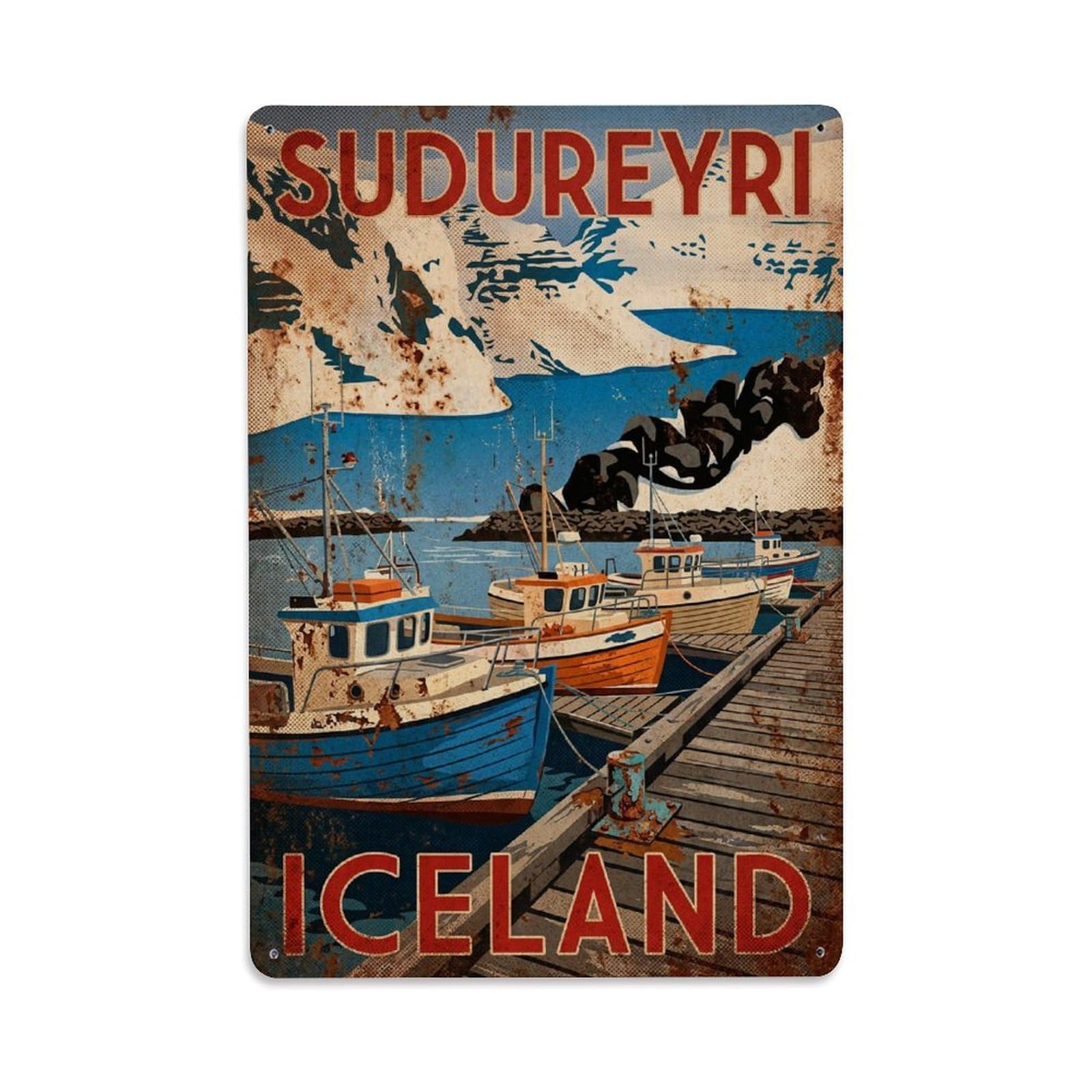 Vintage Travel Sudureyri Iceland Harbor Metal Tin Sign Plaque Wall Decor for Cafe, Club Bar, Office, Home Garden Metal Poster 8x12Inch