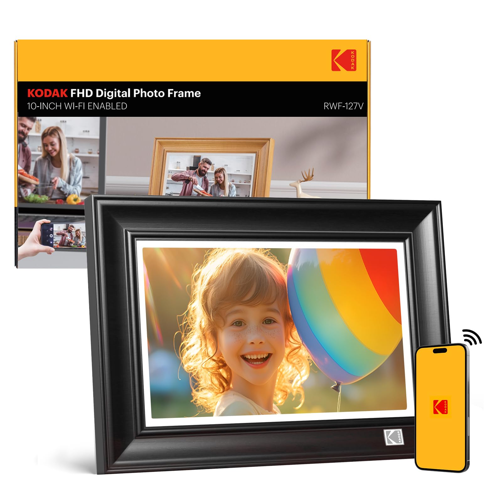 KODAK WiFi Digital Picture Frame, 1920 x 1200 HD Touchscreen Digital Photo Frame, 10.1 Inches Intelligent Electronic Picture Frame with 32 GB,Auto-Rotate, Share Moments Instantly Gifts(Wood Frame)