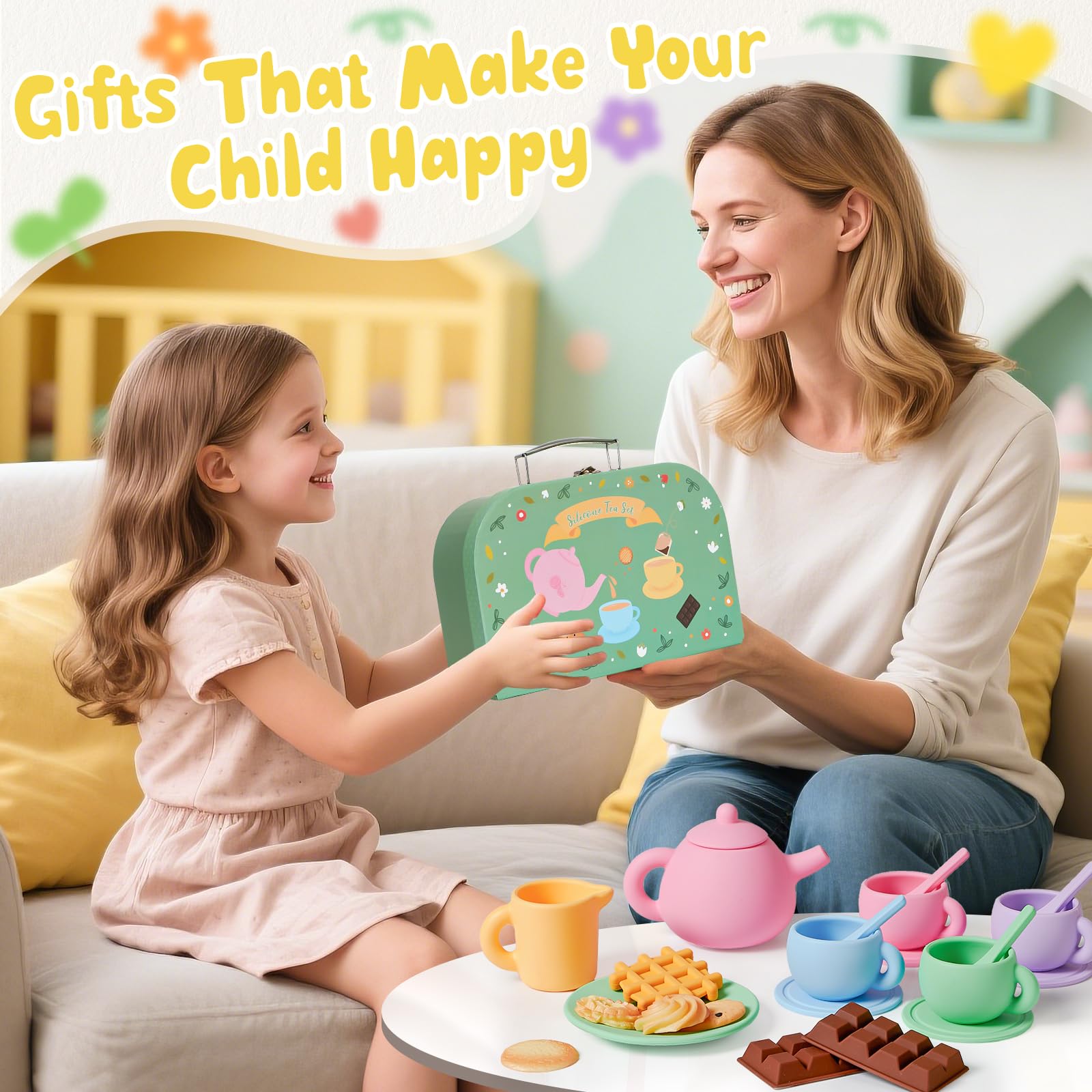 G.C Silikon Teeservice Kinder Spielzeug Kinderküche Zubehör mit Teekanne, Tassen, Teller, Löffel, Süßen Desserts, Teeparty Rollenspiele, Küchenspiele, Geschenke für Mädchen Jungen 3 4 5 6 7+ Jahre