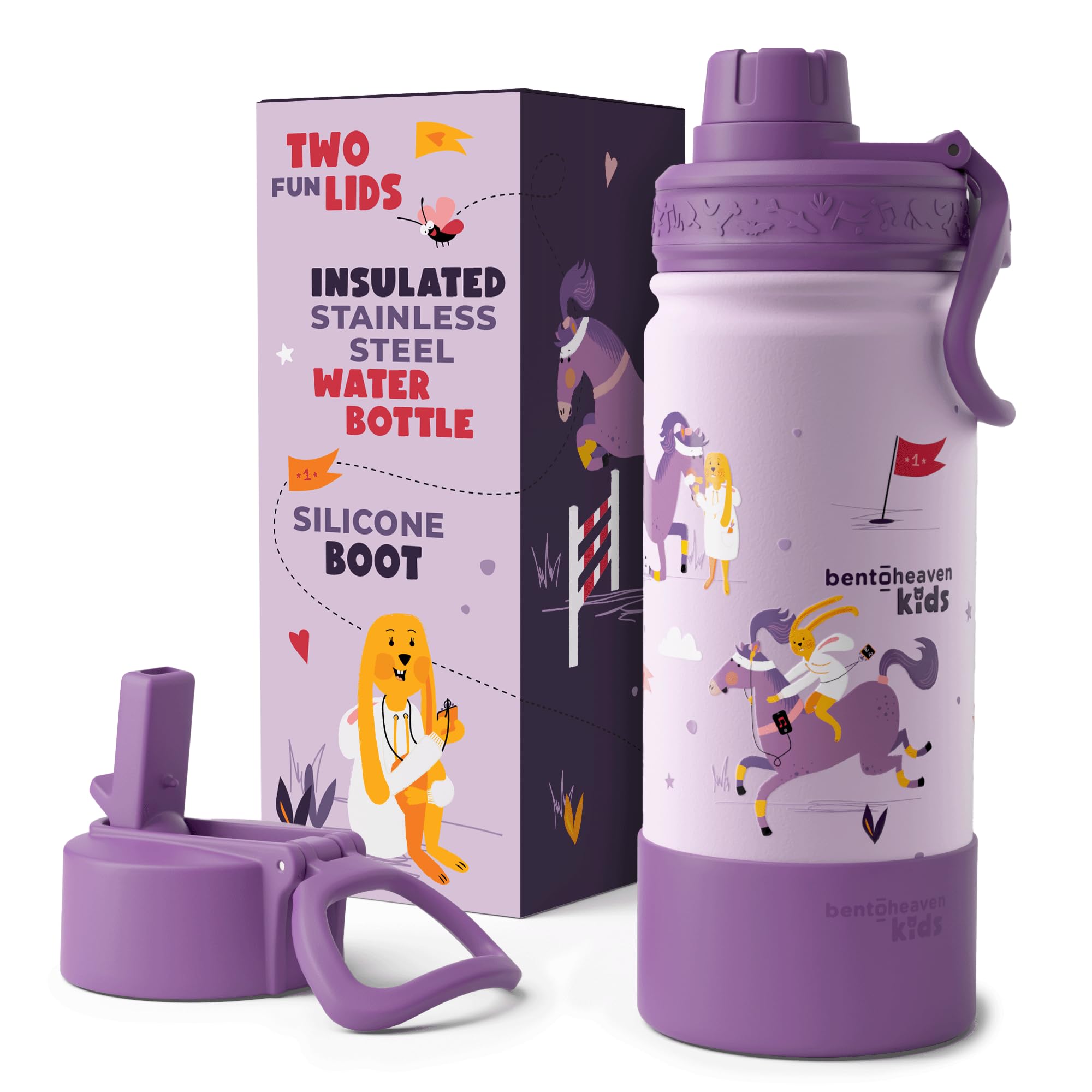 Bentoheaven Kids Water Bottle Stainless Steel for Boys & Girls, 2 Lids (Chug & Straw), Handle & Silicone Boot, Reusable Metal Leak-proof Insulated