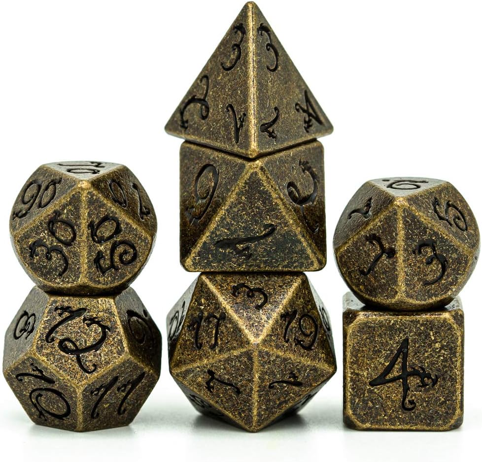 Cusdie Metal Dice with Metal Box, 7 PCs DND Dice, Polyhedral Dice Set with Dragon Font, for Role Playing Game Dungeons and Dragons D&D Dice MTG Pathfinder Math Teaching (Bronze)
