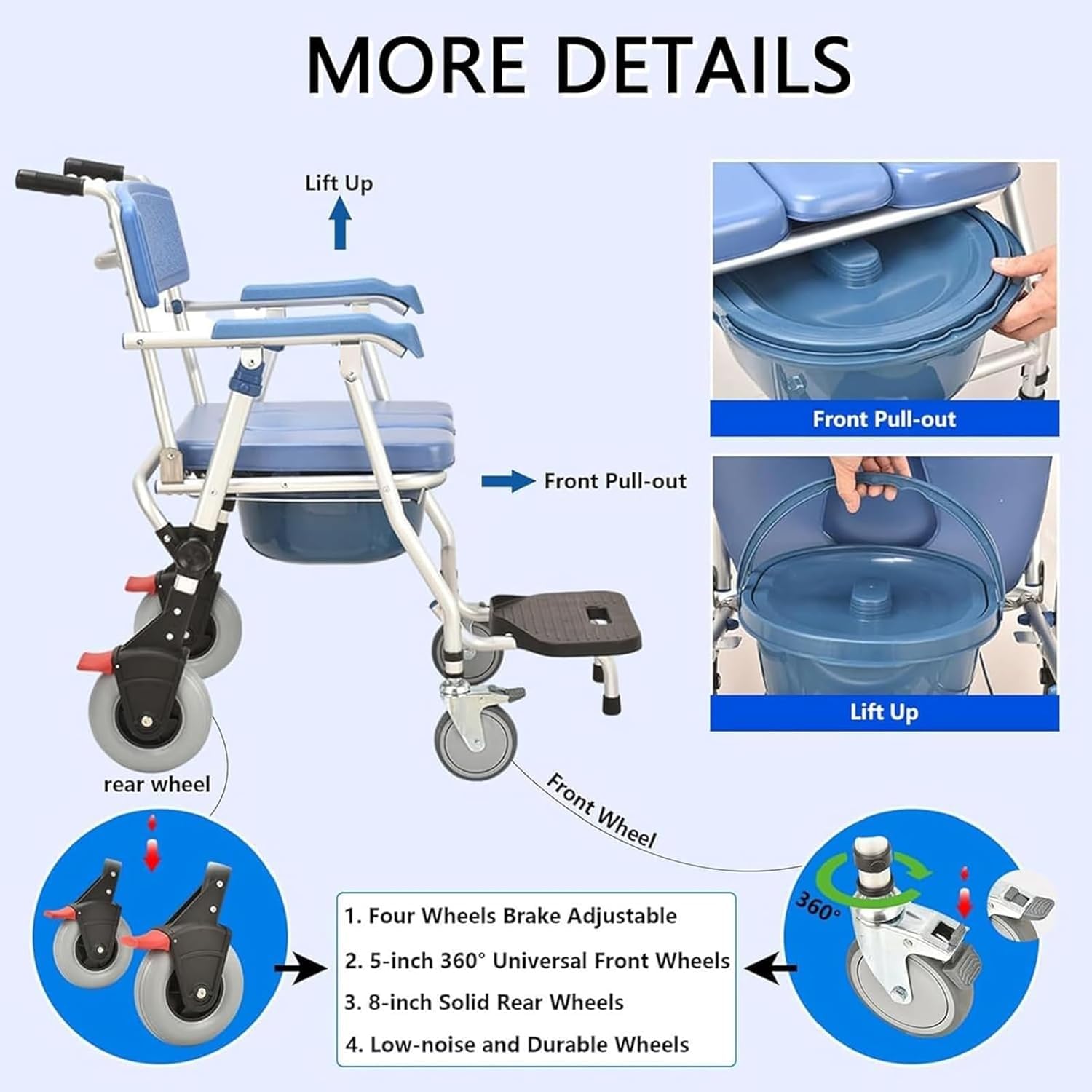 Sedia Comoda WC per Anziani con Rotelle, Sedia WC per Disabili Pieghevole, Sedia per Doccia Disabili, Sedia a Rotelle con Braccioli Poggiapiedi per Anziani, Portata 150 kg