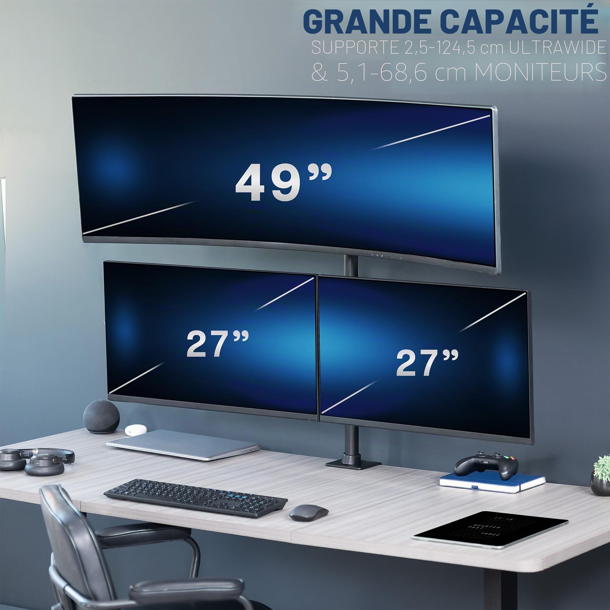 Vivo STAND-V103T Support de Bureau Extra Haut pour écrans jusqu'à 49" sur Support Central et écrans de 27" sur Supports latéraux, Peut Supporter jusqu'à 20 kg, Noir