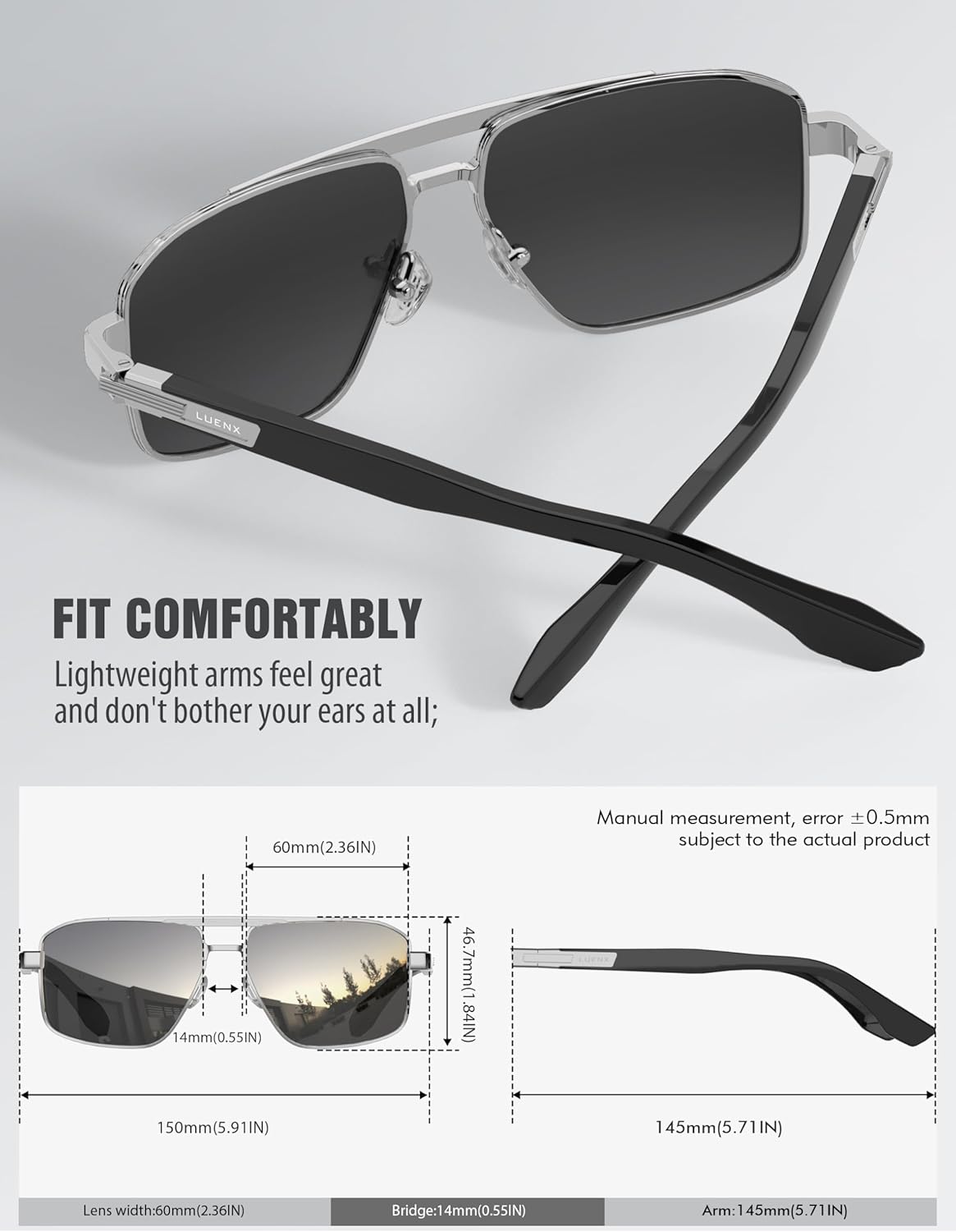 LUENX Aviator Sunglasses for Men Retro Square Polarized Polygon Shades UV 400 Protection - Image 4