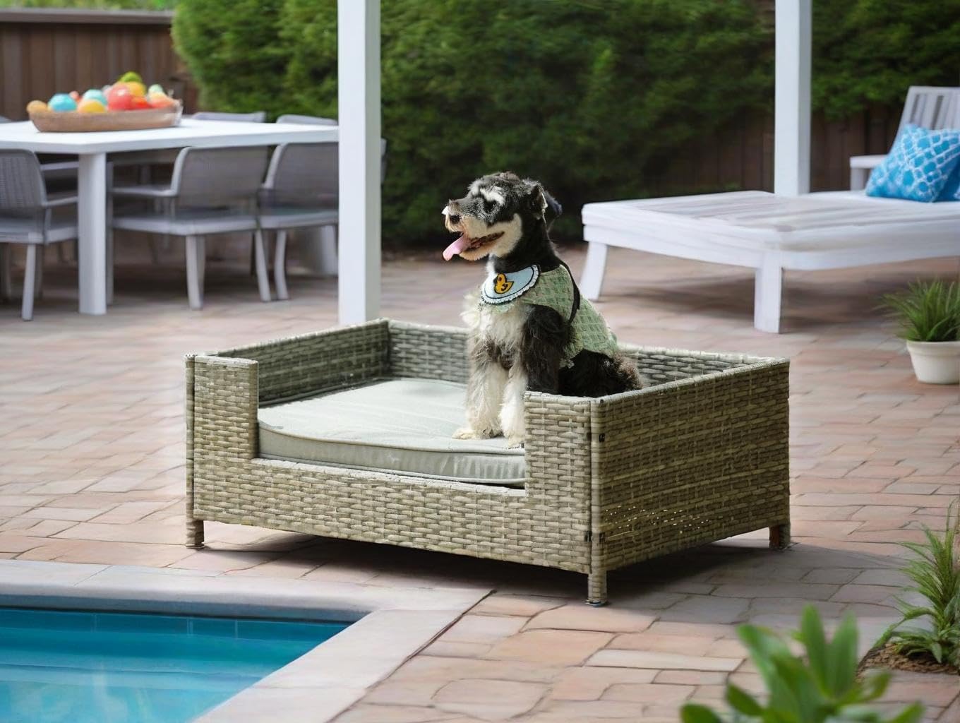 Outdoor Wicker Pet Bed with Cushion, Gray Rattan, Patio Furniture for Dogs