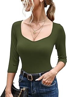 Women's Basic 3/4 Sleeve Shirts Slim Fit Sexy Sweetheart Neckline Top Stretch Tight Solid Color Tees