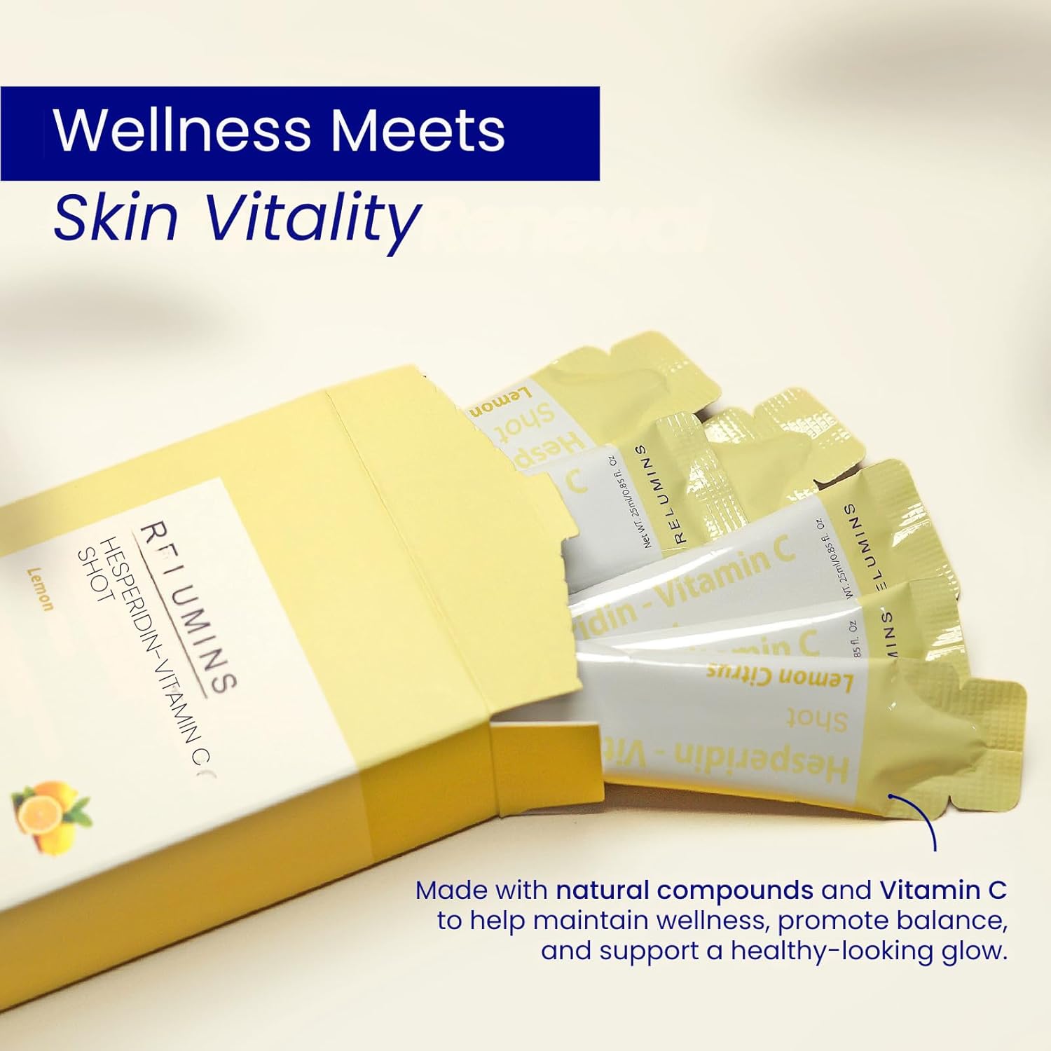 Relumins Vitamin C Shots with Hesperidin & Citrus Bioflavonoids – Lemon-Flavored Antioxidant Drink Packets for Vitality, Hydration & Skin Radiance – 10 Packets x 5 Boxes (25ml Each)