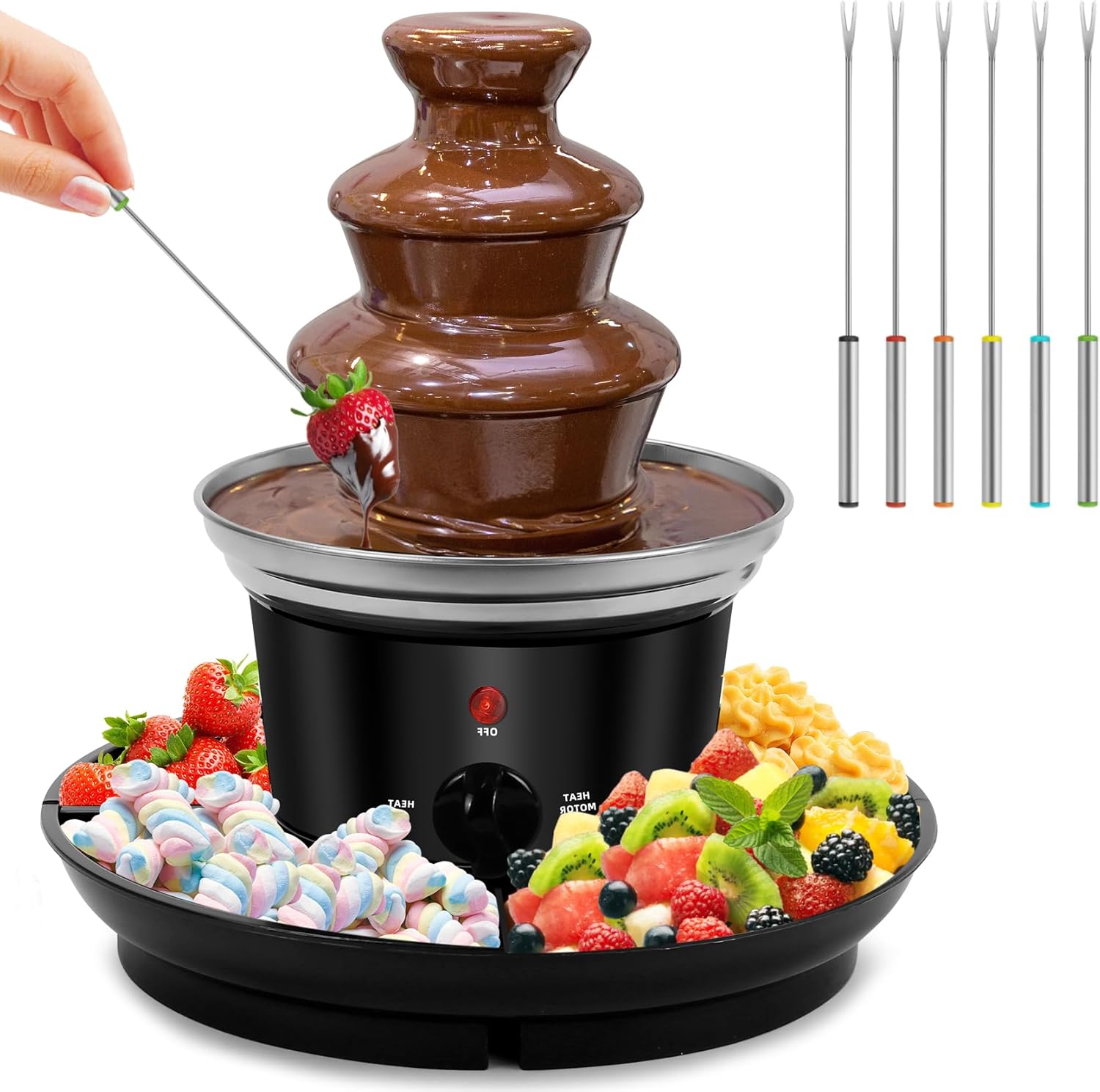 16oz Chocolate Fondue Fountain, 3-Tier MINI Chocolate Fountain with 6PCS Fondue Fork and Removal Tray for Fruits/Nuts/Treats