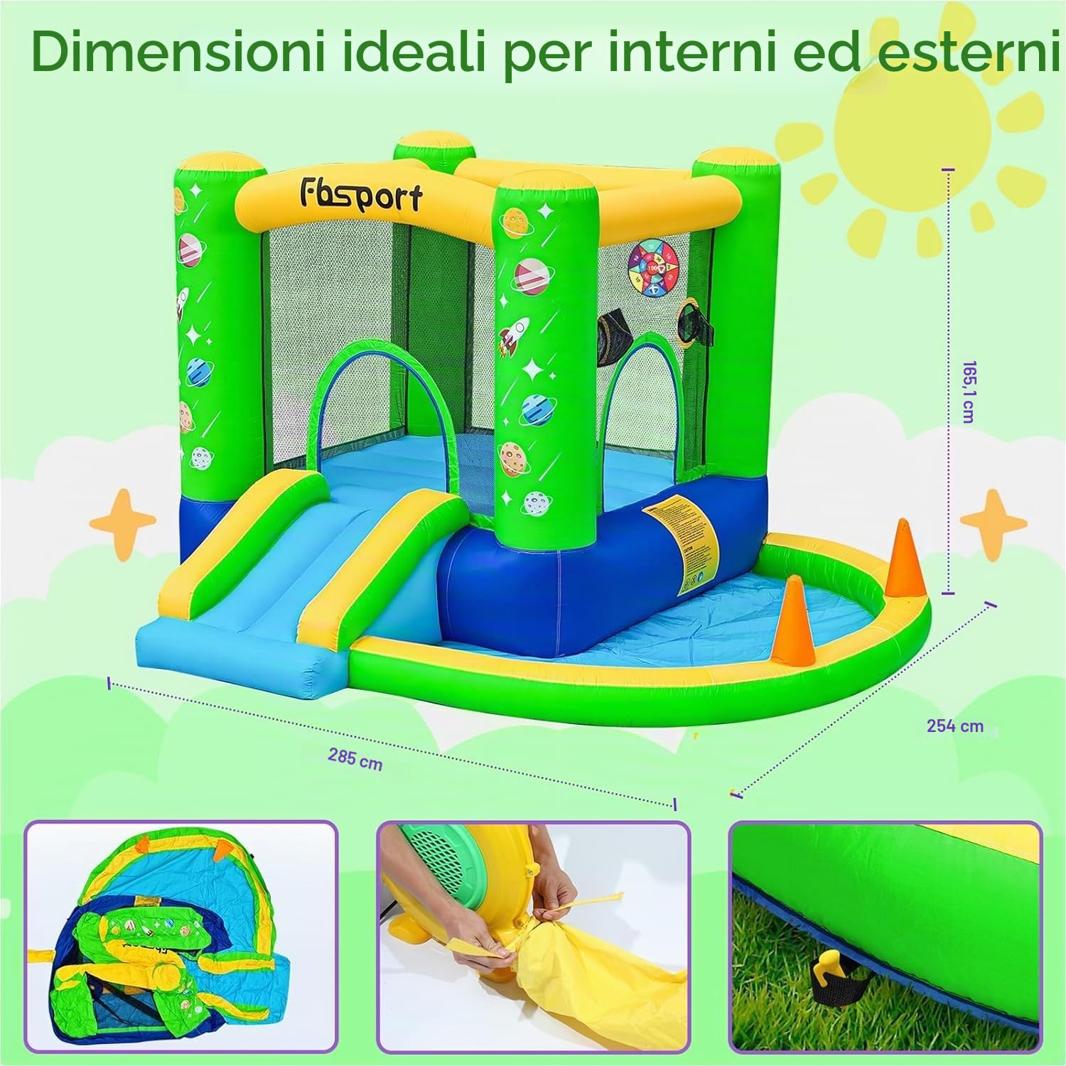 FBSPORT Castello Gonfiabile per Bambini con Ventilatore Piscina Gonfiabile con Scivolo Trampolino Piscina, Piscina di Palline oceaniche Parco Acquatico per Bambini