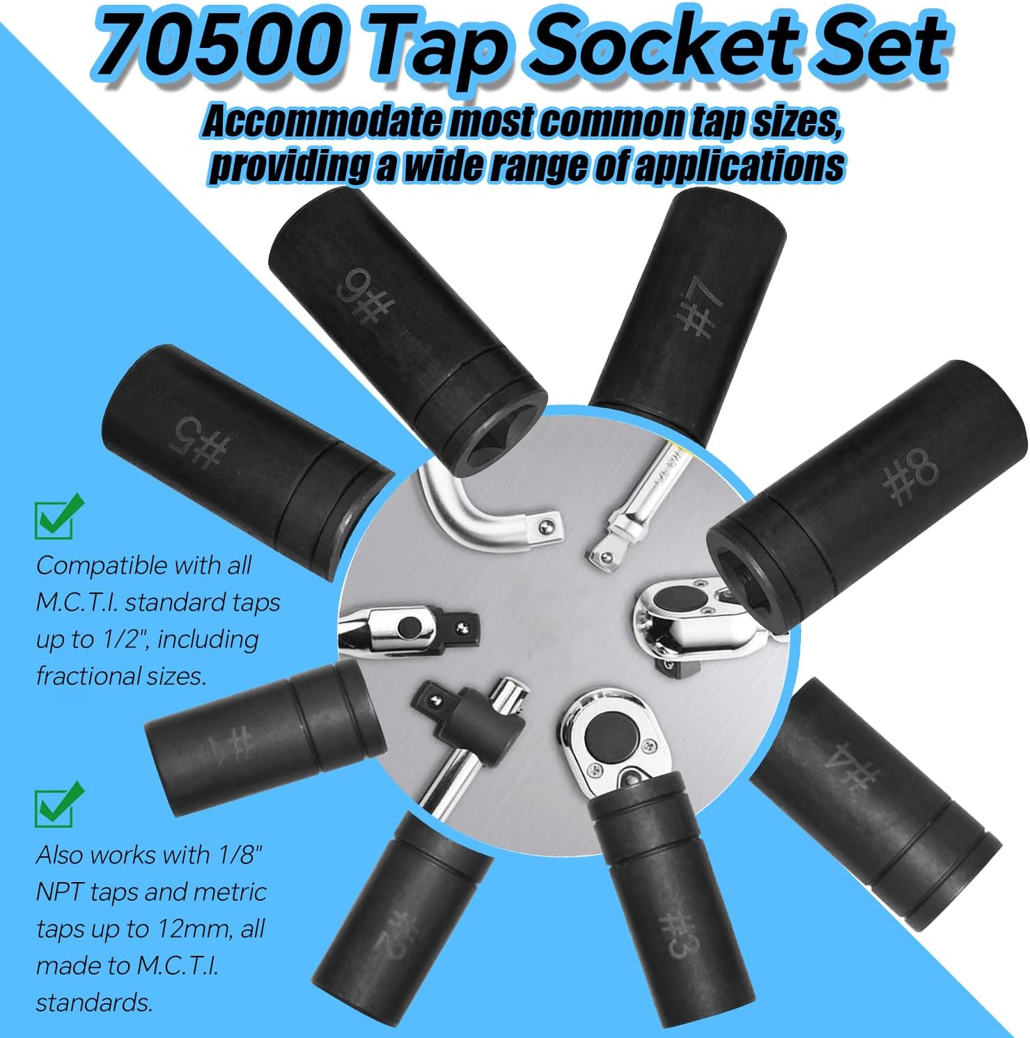 70500 Tap Socket Set, 8-Piece – 1/4" & 3/8" Drive, Fits All MCTI Standard Taps (1/2" & 1/8" NPT, Up to 12mm Metric), Ideal for Socket Wrench Set Use