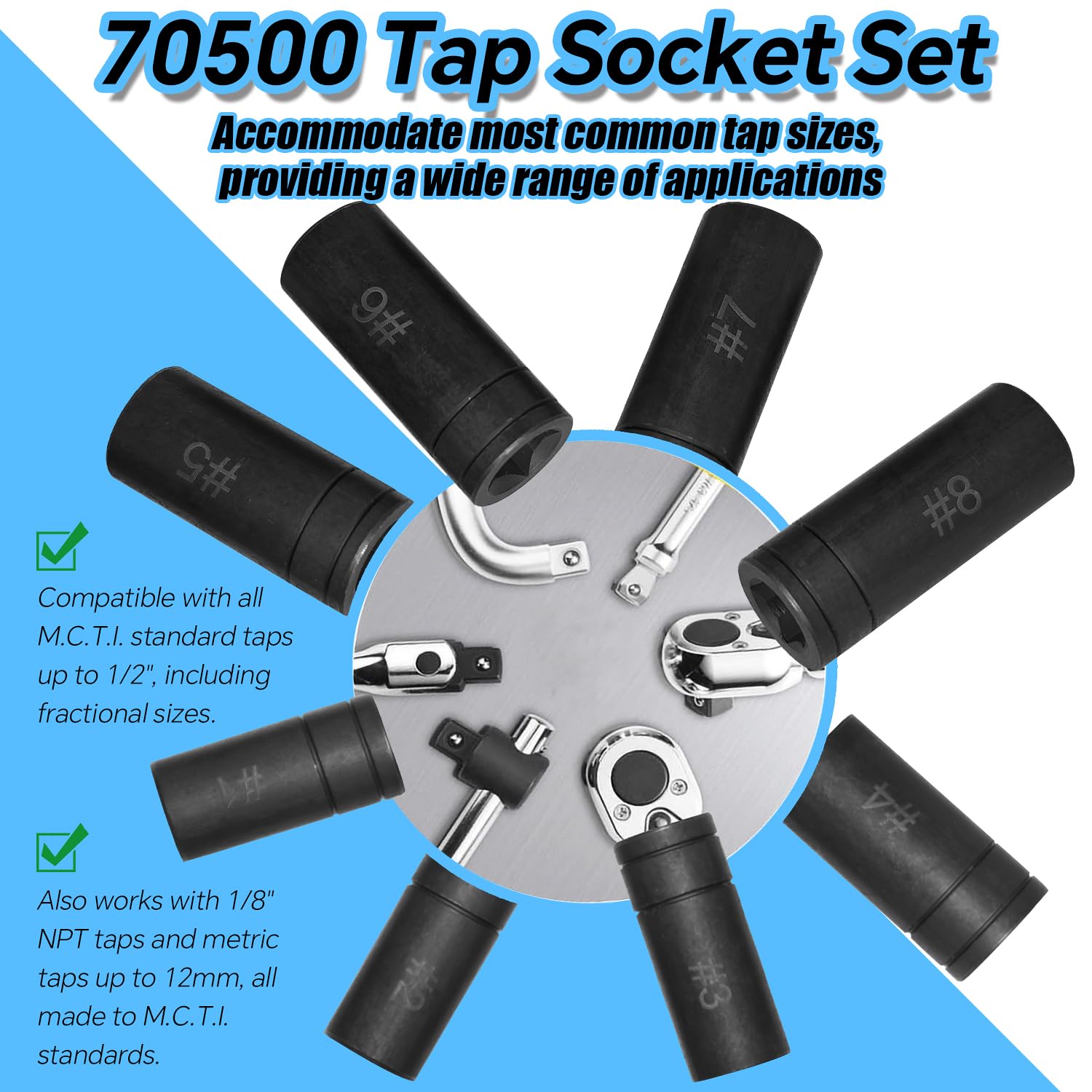 Juego de vasos para machos de roscar 70500, 8 piezas, con entrada de 1/4" y 3/8", compatible con todos los machos de roscar estándar MCTI (1/2" y 1/8" NPT, hasta 12 mm métricos), para usar con llave
