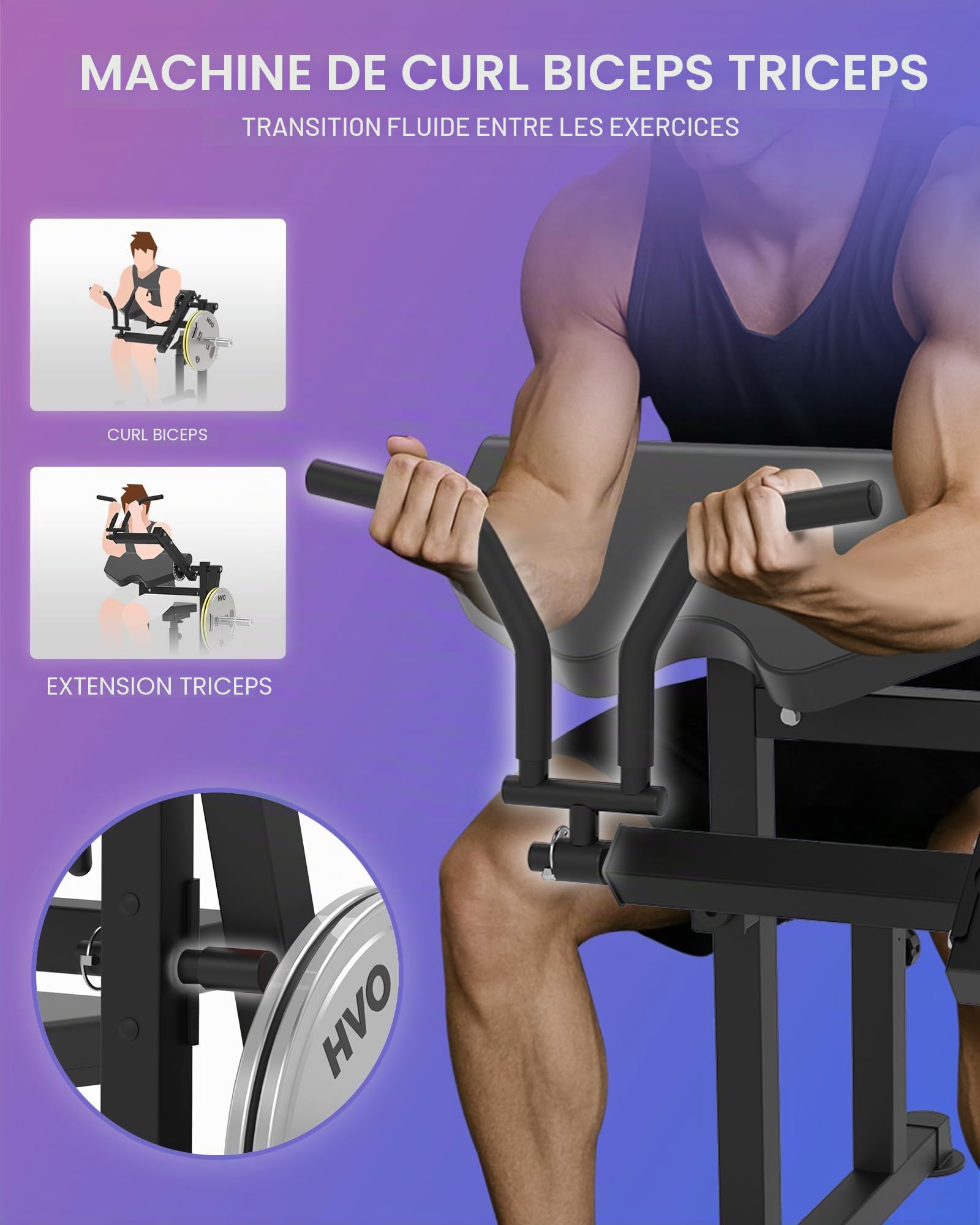 HVO Banc à Biceps & Triceps : 2-en-1 Pupitre à Biceps Réglable pour Curl et Extension des Triceps Assise – Banc de Musculation pour Entraînement des Bras à Domicile – Noir