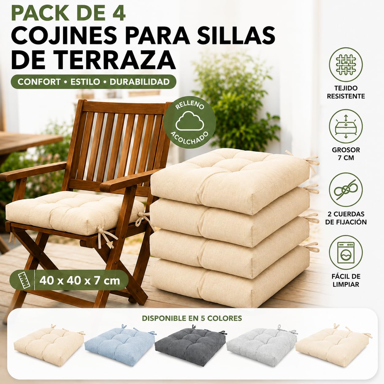 TIENDA EURASIA – Pack Cojines Sillas | Material Tela (Poliéster) | Material de Relleno 100% Poliéster | Tamaño 40x40x7 cm | 2 Cordones de Sujeción | Cojines Exterior Jardín (Beige, Pack 4)