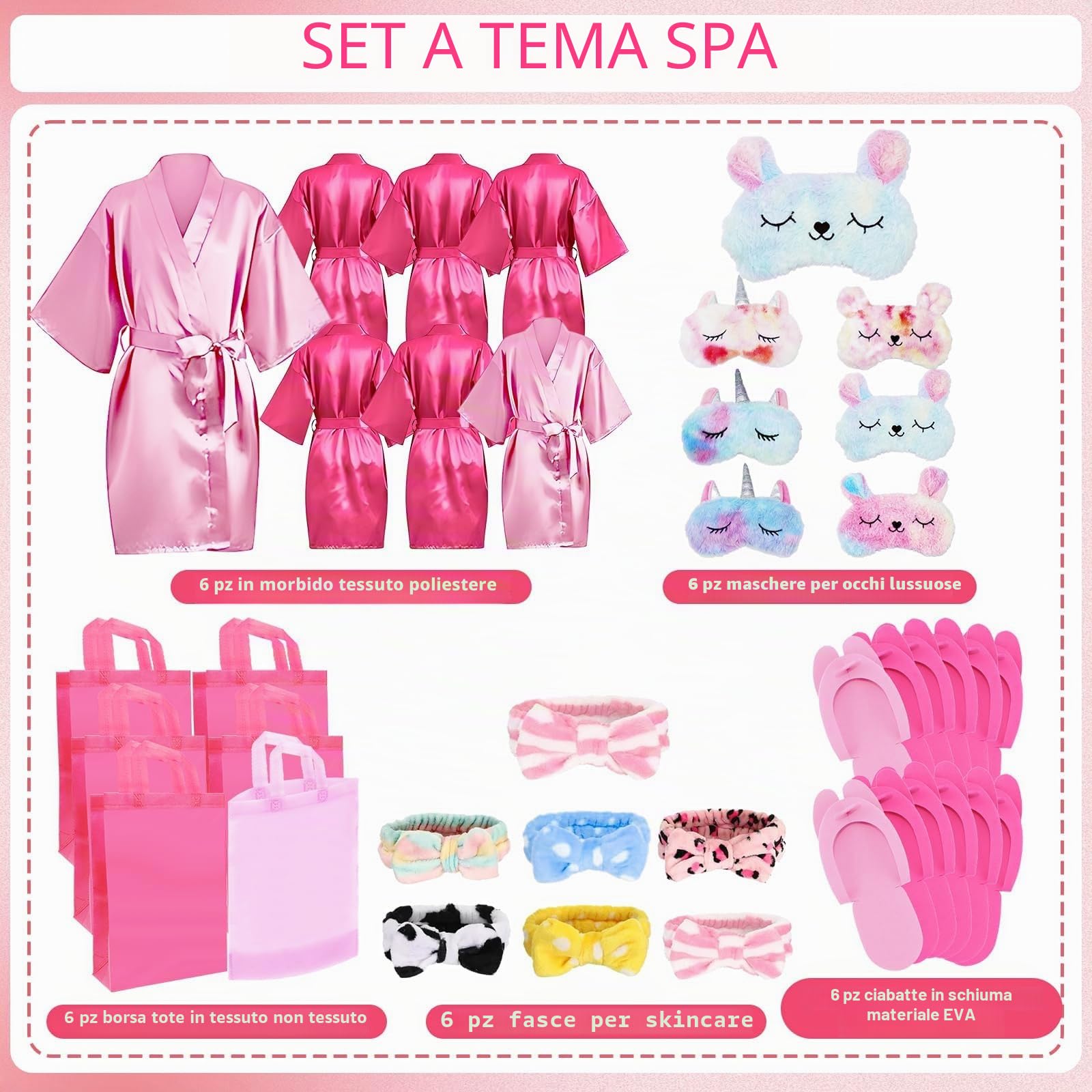 MSYU 30 articoli per feste spa per ragazze, 6 accappatoi in raso, 6 pantofole per bambini, pigiama party, compleanno, spa, bomboniere, taglia 8, rosa rosso, rosa