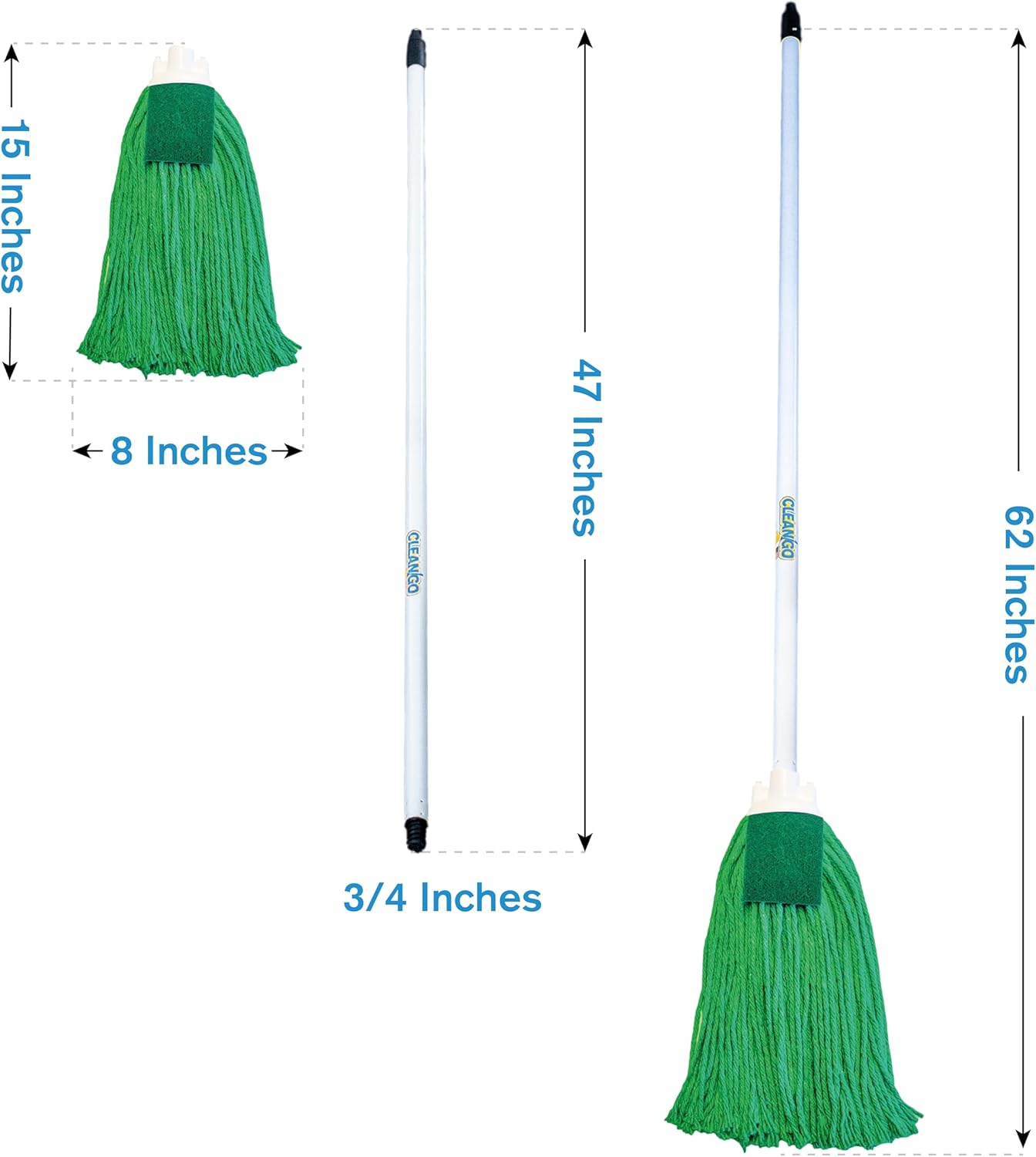 String MOP 100% Cotton, 43" Handle String Mop for Floor Cleaning with Scrubber, Hand Made in the USA for Ecofriendly Cleaning, Ultra Absorbent, Easy to Use and Clean, Machine Washable. (Green)
