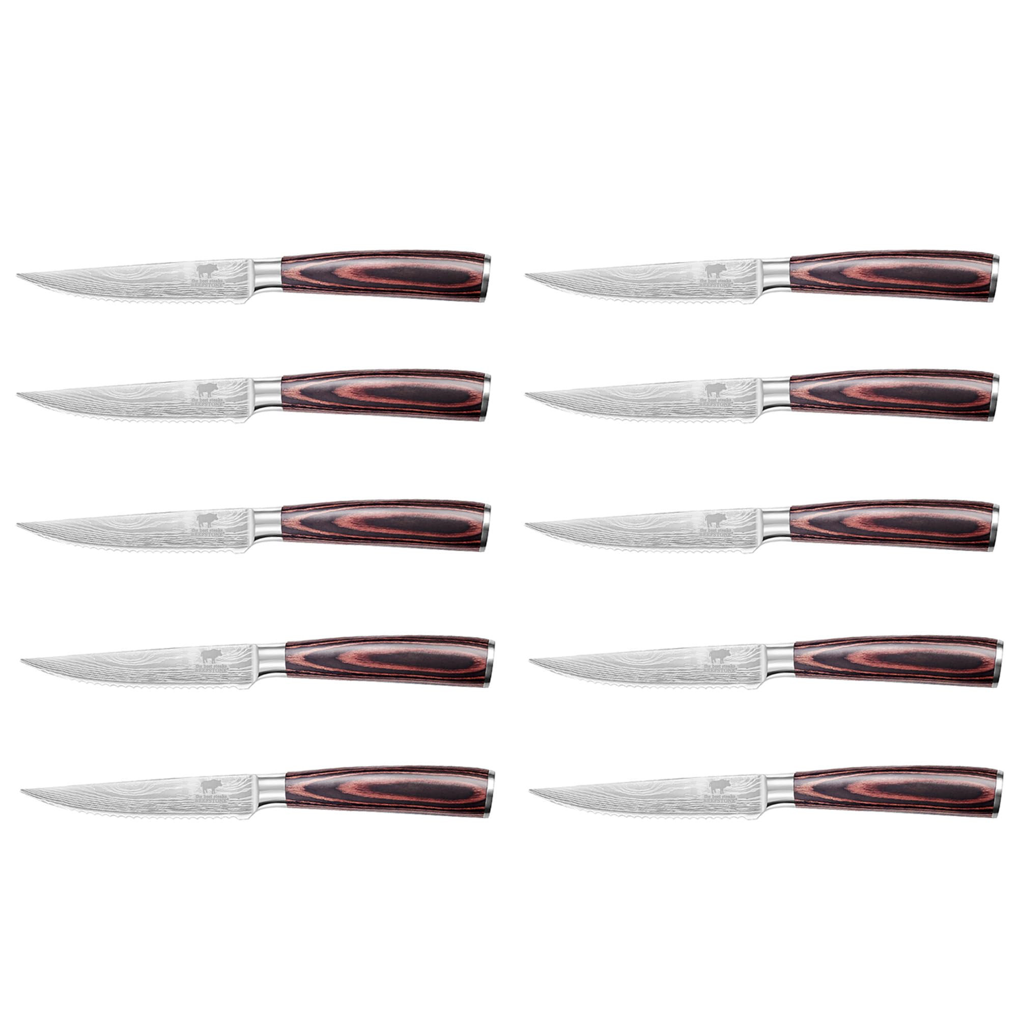 Set di 10 coltelli da bistecca, coltelli da chef professionali, manico ergonomico in legno, lama dentellata, set di coltelli da cucina per bistecca