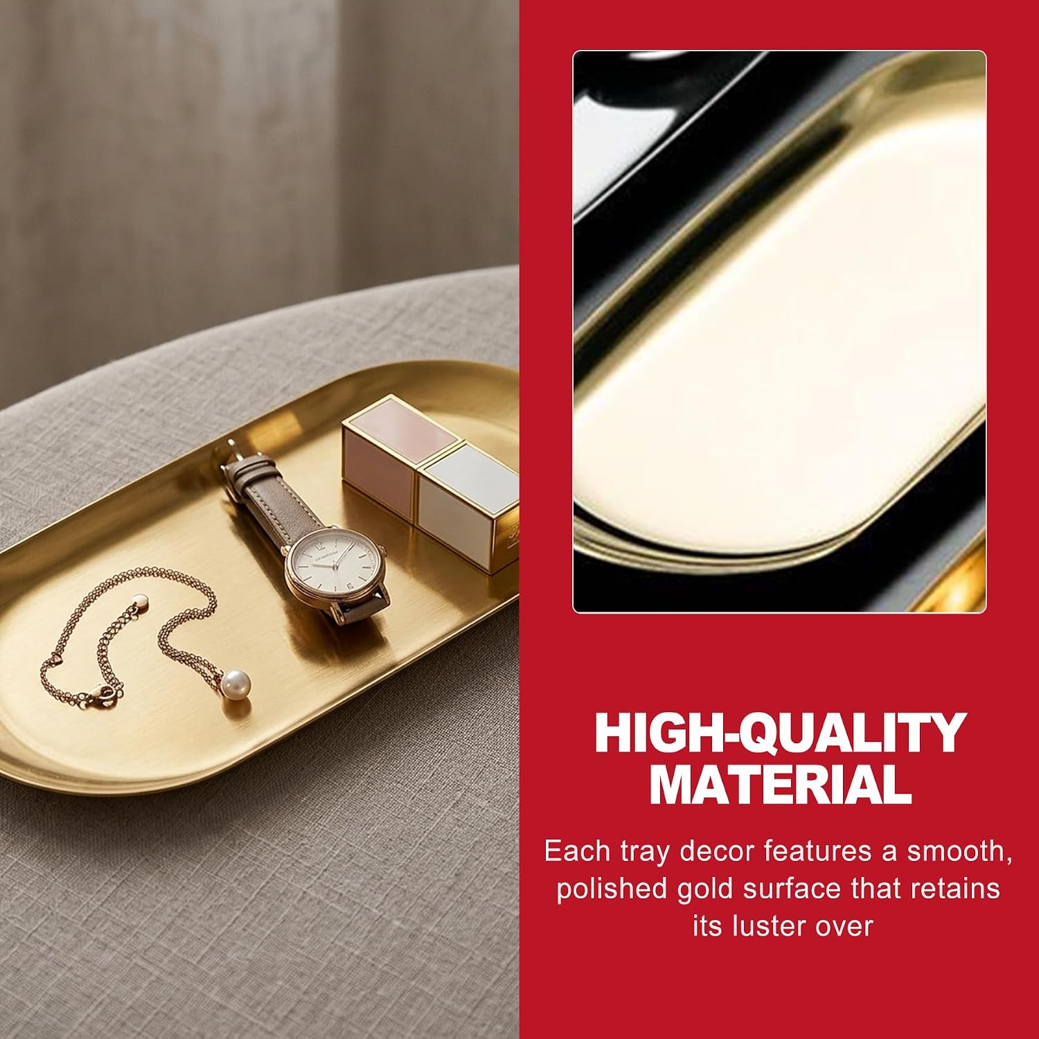 2 Pack 7-Inch Gold-Finish Stainless Steel Vanity Tray for Jewelry Organization Bathroom Dresser Adult Use Only