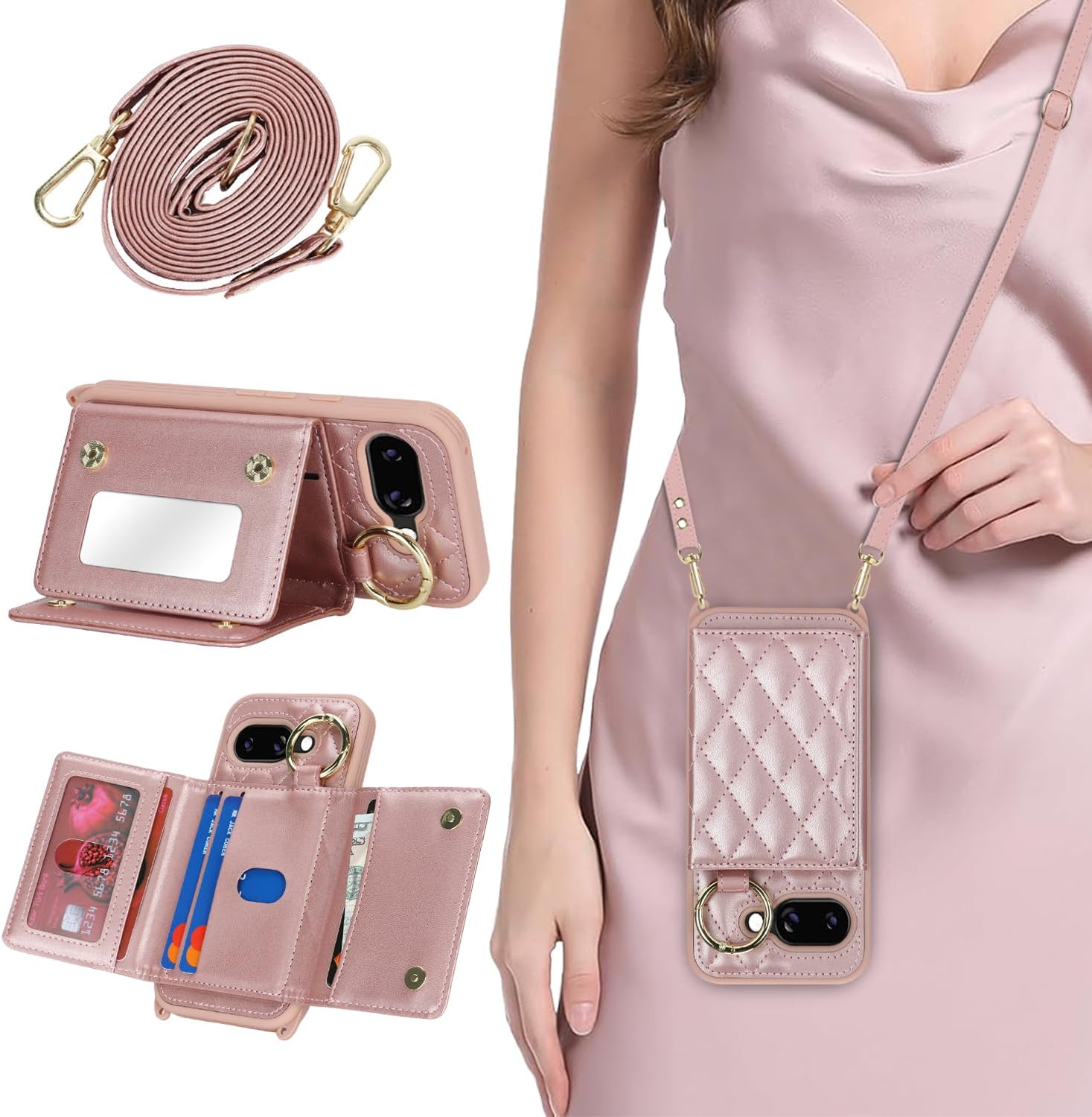 for Pixel 10/10 Pro Case with Card Holder and Strap for Women,Crossbody Lanyard, Make Up Mirror,Snap Clasp,Cute Phone Wallet Cases - Deep Purple