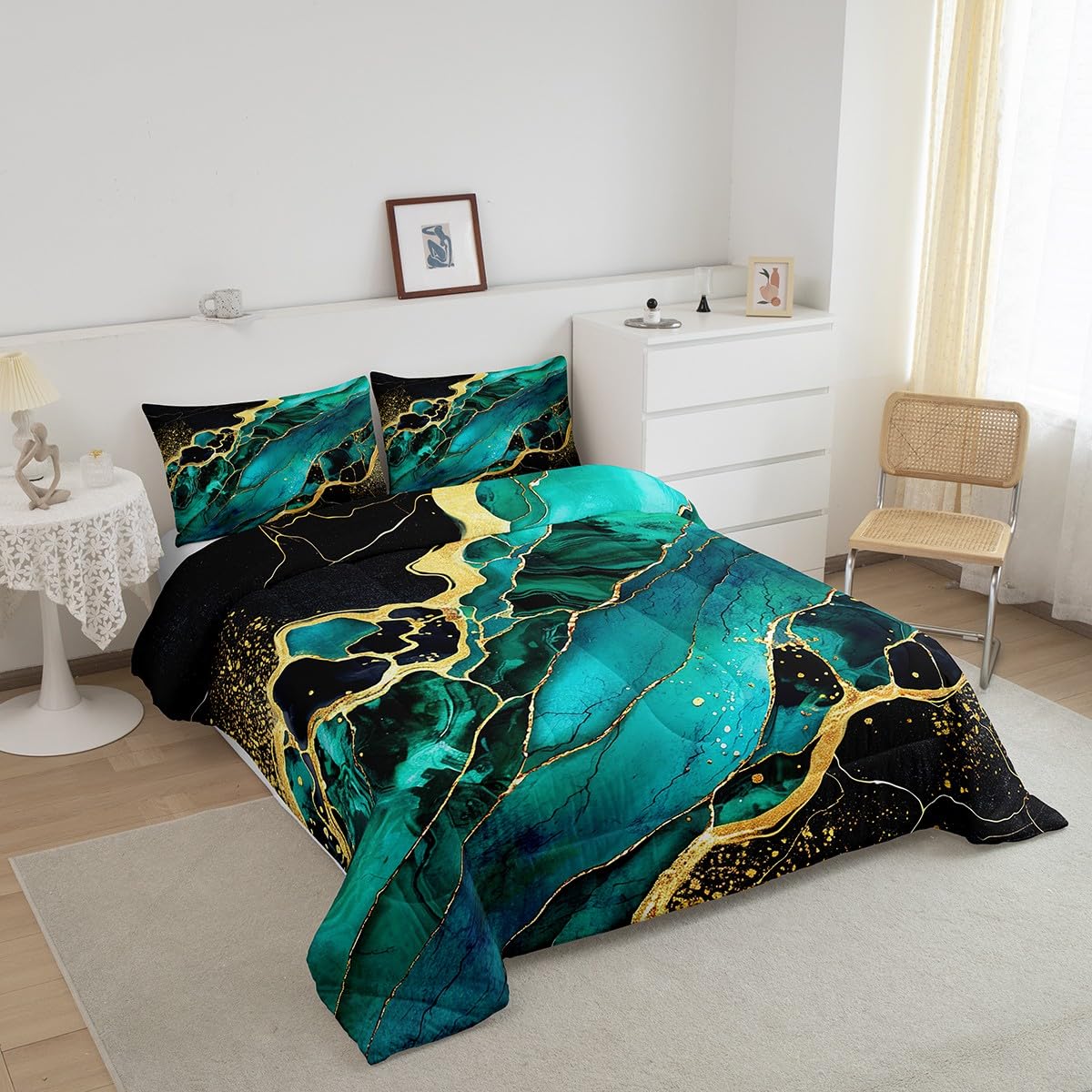 Feelyou Marble Comforter Set Teal Marble Printed Comforter Abstract Art Bedding Set 1 Comforter & 1 Pillowcase Boys