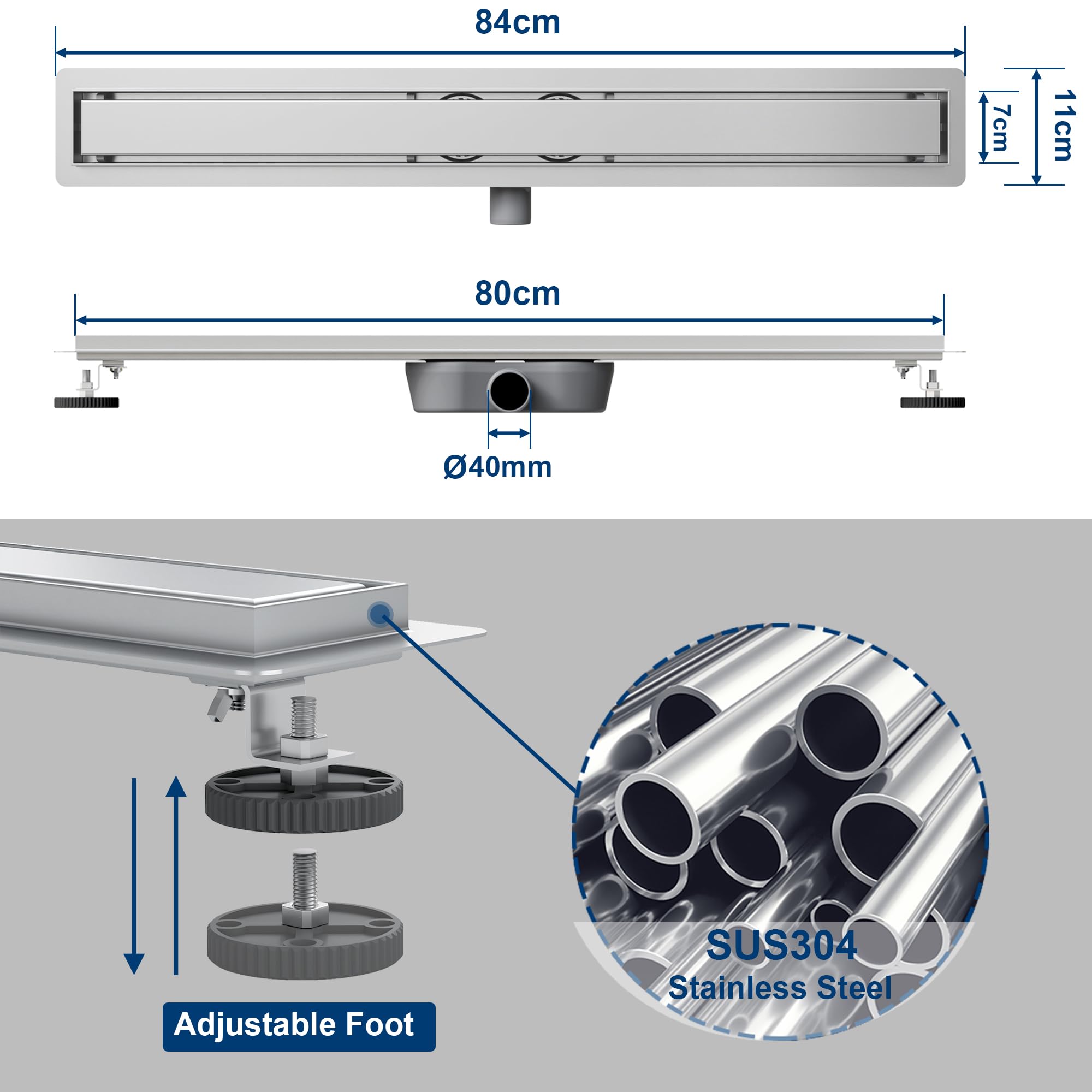 Neodrain Canaleta de ducha de acero inoxidable de 80 cm con 2 desagües de ducha, sifón de 360°, extraplano, con filtro antiolores, para baño, exterior