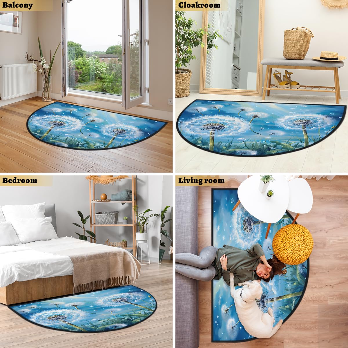 Mexpekil Paillasson demi-lune en forme de plante pissenlit pour intérieur et extérieur antidérapant lavable, tapis de sol en demi-cercle absorbant la saleté, tapis demi-rond, 100 x 160 cm