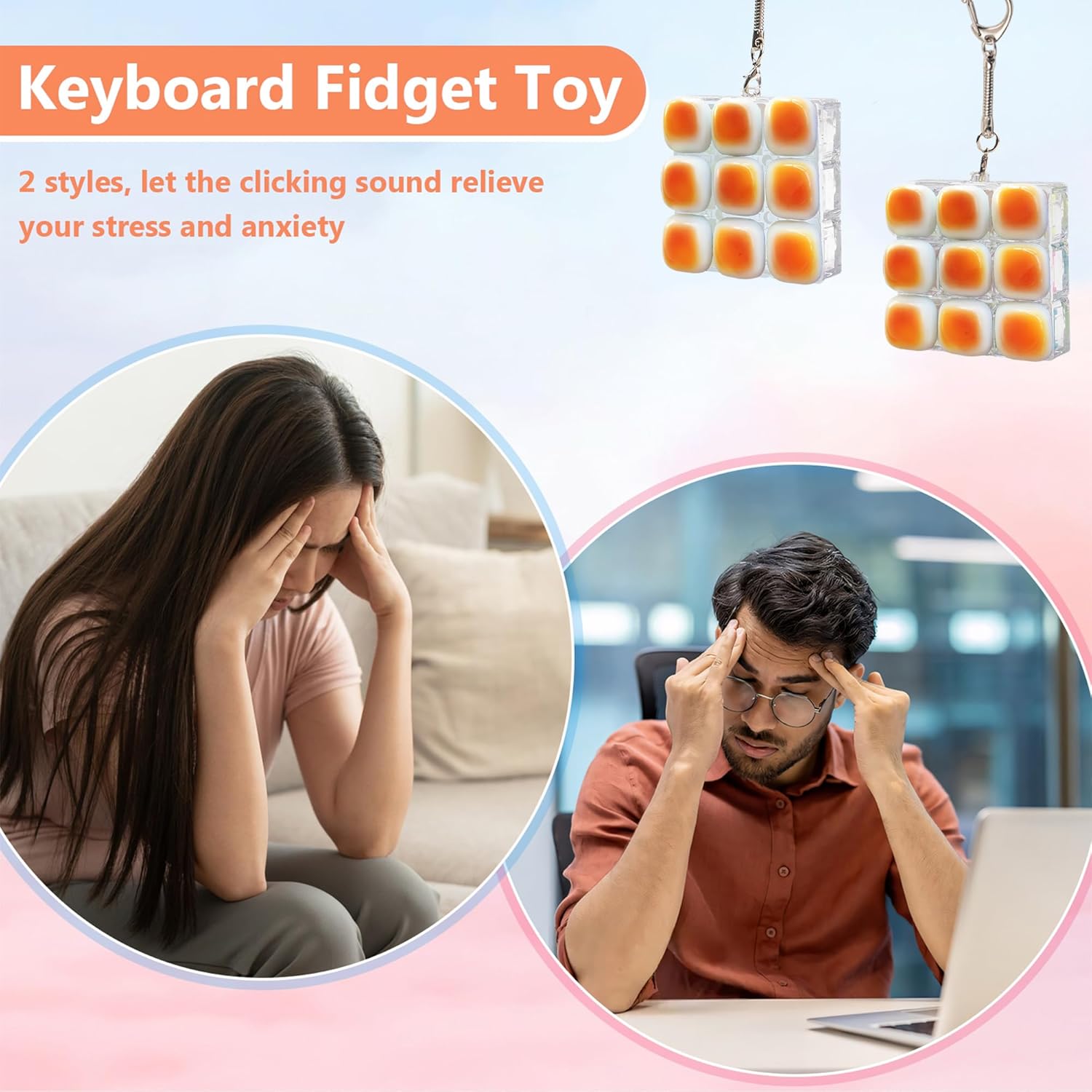 2 Pcs Cute Keyboard Fidget Toy, 9 Keys Cute Clicker Keyboard Fidget for Adults Relieve Stress and Anxiety Decompression Keyboard Fidget Keychain