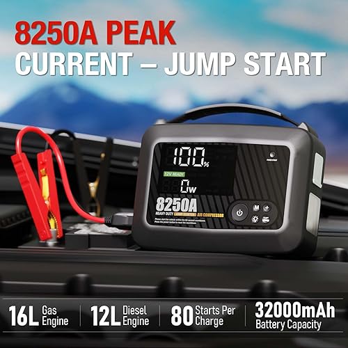 Miniatura 2 de JFEGWO CS02 8250A Arrancador de salto con compresor de aire, 32000mAh 150PSI Portable Car Truck Jump Starter Heavy Duty (16L Gas12L Diesel), caja de