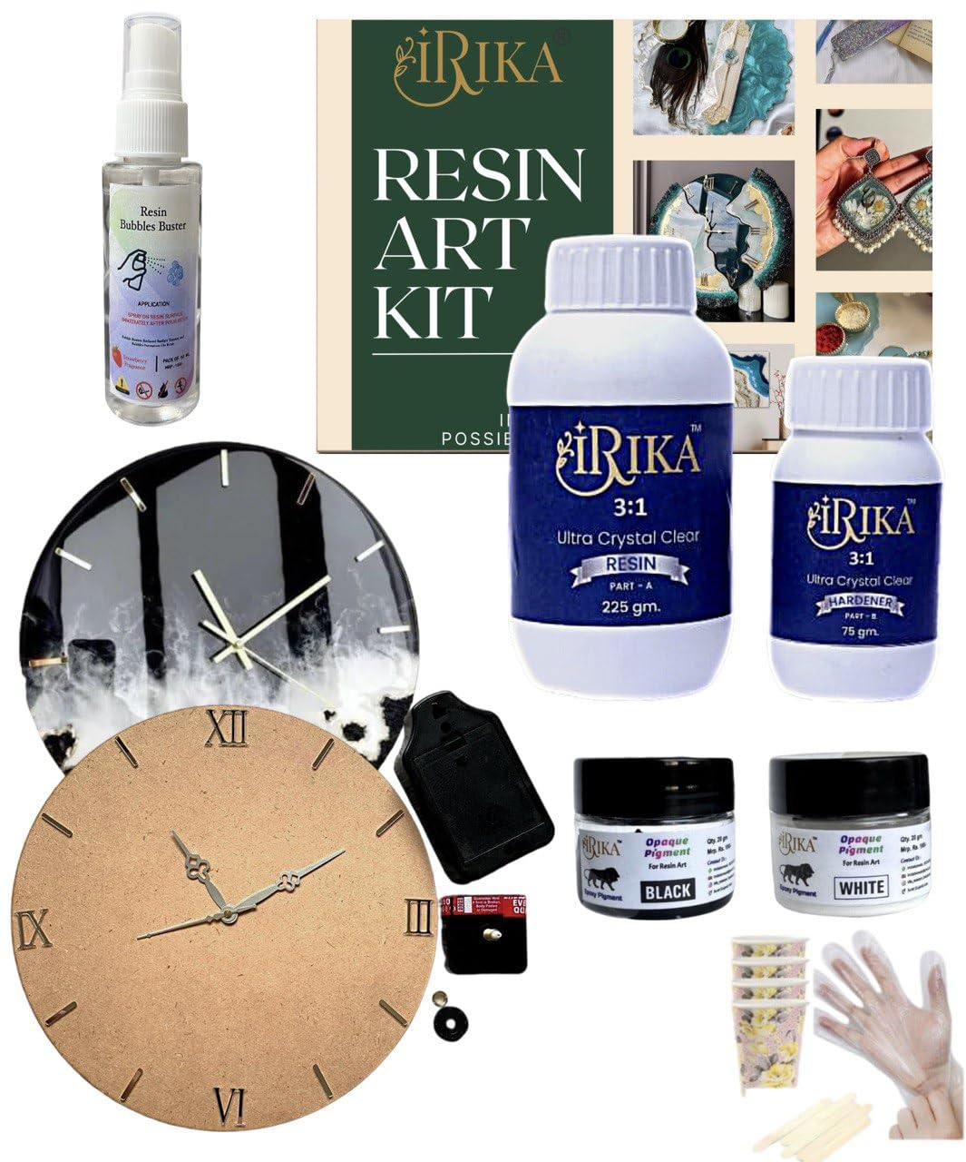 EpiLux IRIKA 3:1 Resin Clock Kit – Black & White Theme | 12" Round MDF Base with Clock Mechanism & Hook | 300g Deep Casting Resin (225g Resin + 75g Hardener) + Pigments & DIY Tools