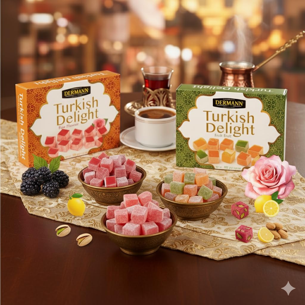 Delicias turcas 4x100g (Set de 4 Sabores: Rosa, Frutas, Frutos Secos y Granada) | Sin gluten | Confitería tradicional de lujo | Vegano, Halal, El Mejor Lokum Turco, Loukoumi