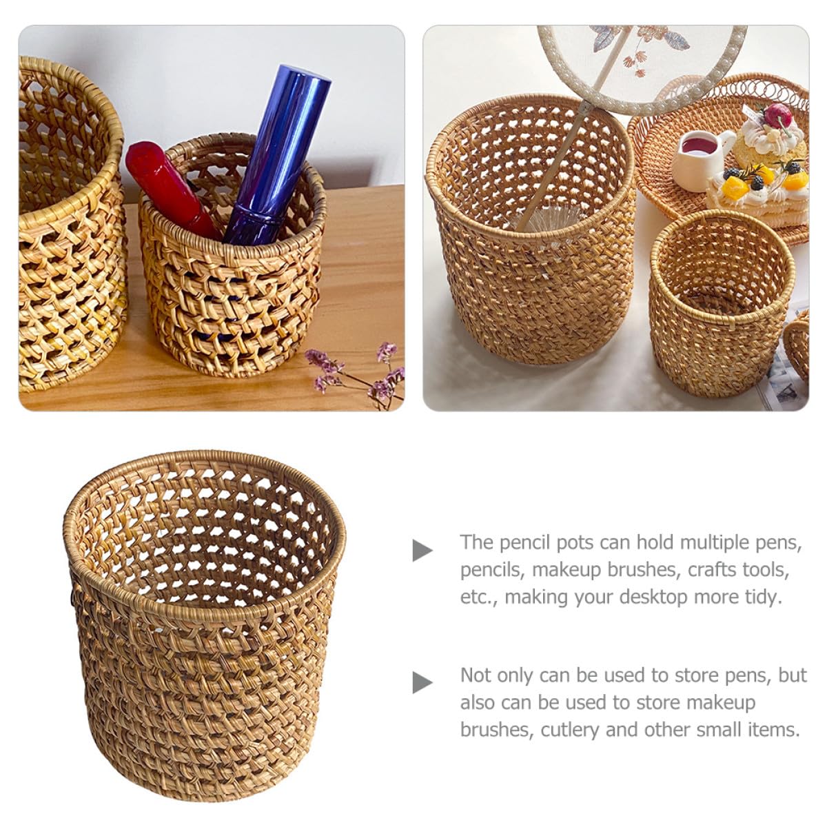 Zerodeko Porte-stylo en Rotin Tressé Naturel, Pot à Crayons Multifonction Petit Format Ø8x8 Cm, Organiseur de Stylos et Pinceaux de Maquillage pour Bureau et Maison