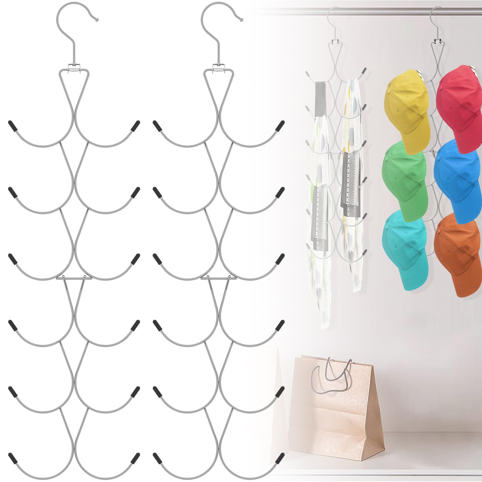 Qinglang 4Pcs 4 Pcs Scarf Hanger With 12 Hooks Metal Hanging Organiser Storage Belt Ties Scarves 360°Rotating Scarf Rack Space Savers Closet Scarfs Holder Foldable Purse Hanger For Wardrobe Shawl Hijab (White)