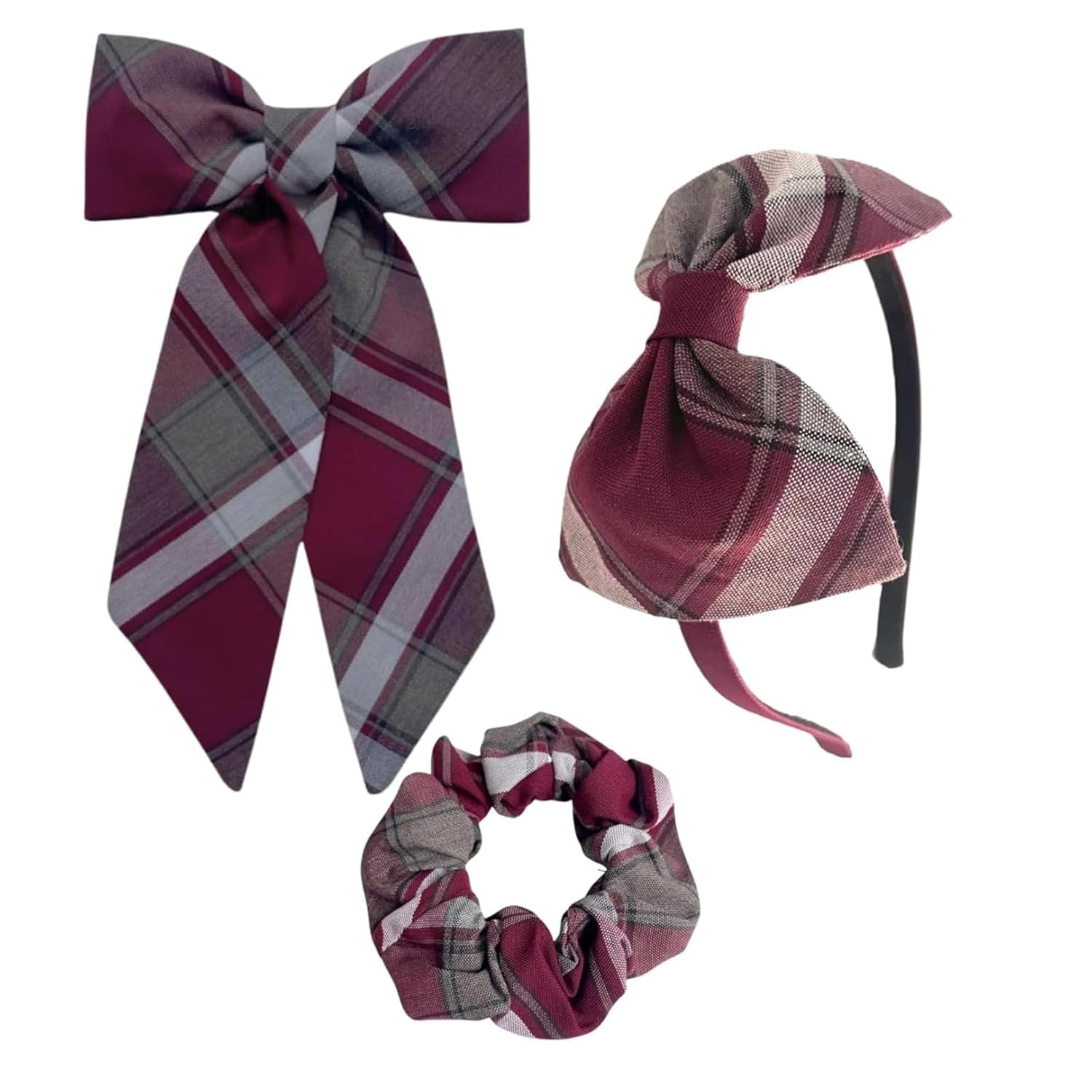 ClassExceed 3-Piece School Hair Accessory Gift Set – Longtail Bow, Headband & Scrunchie | Handmade in USA | Burgundy White Light Gray Plaid (Plaid 54)
