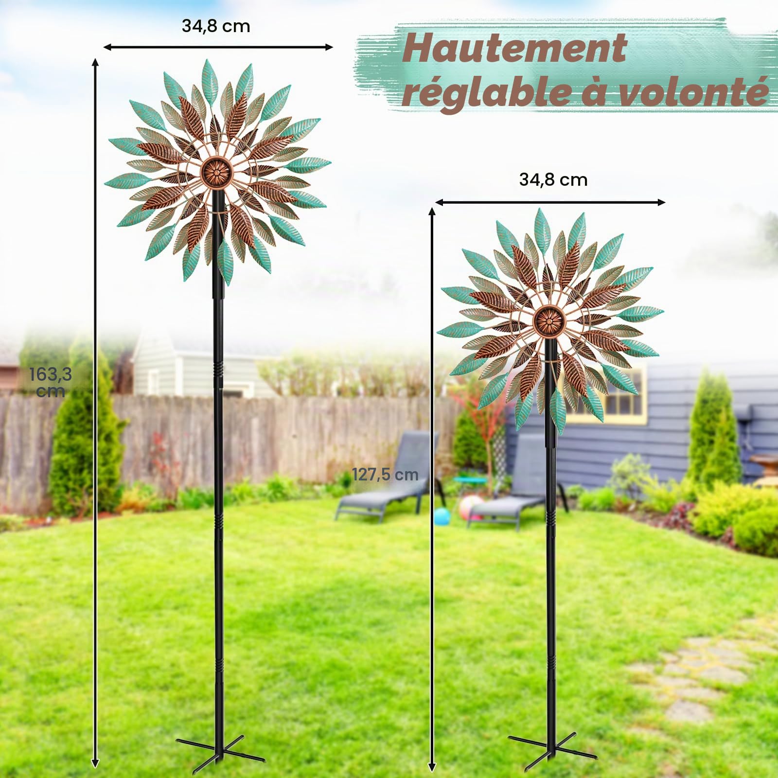 Wind Spinner Sculpture Cinétique Métallique, Déco Jardin Extérieur à Rotation, Hauteur Ajustable avec Socle à 5 Branches, Résistant à la Rouille, Grand Format (Vert + Brun)