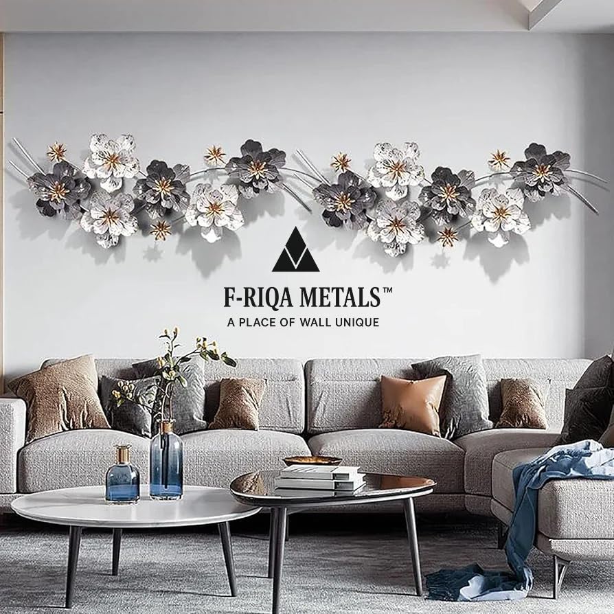 Image of F-RIQA METAL A PALACE OF WALL UNIQUE White & Grey Floral Metal Wall Art for Living Room | Handcrafted Iron Wall Hanging with Golden Flowers Luxury Wall Hanging Decoration for Living Room, Bedroom, Hallway & Office (Art Deco)