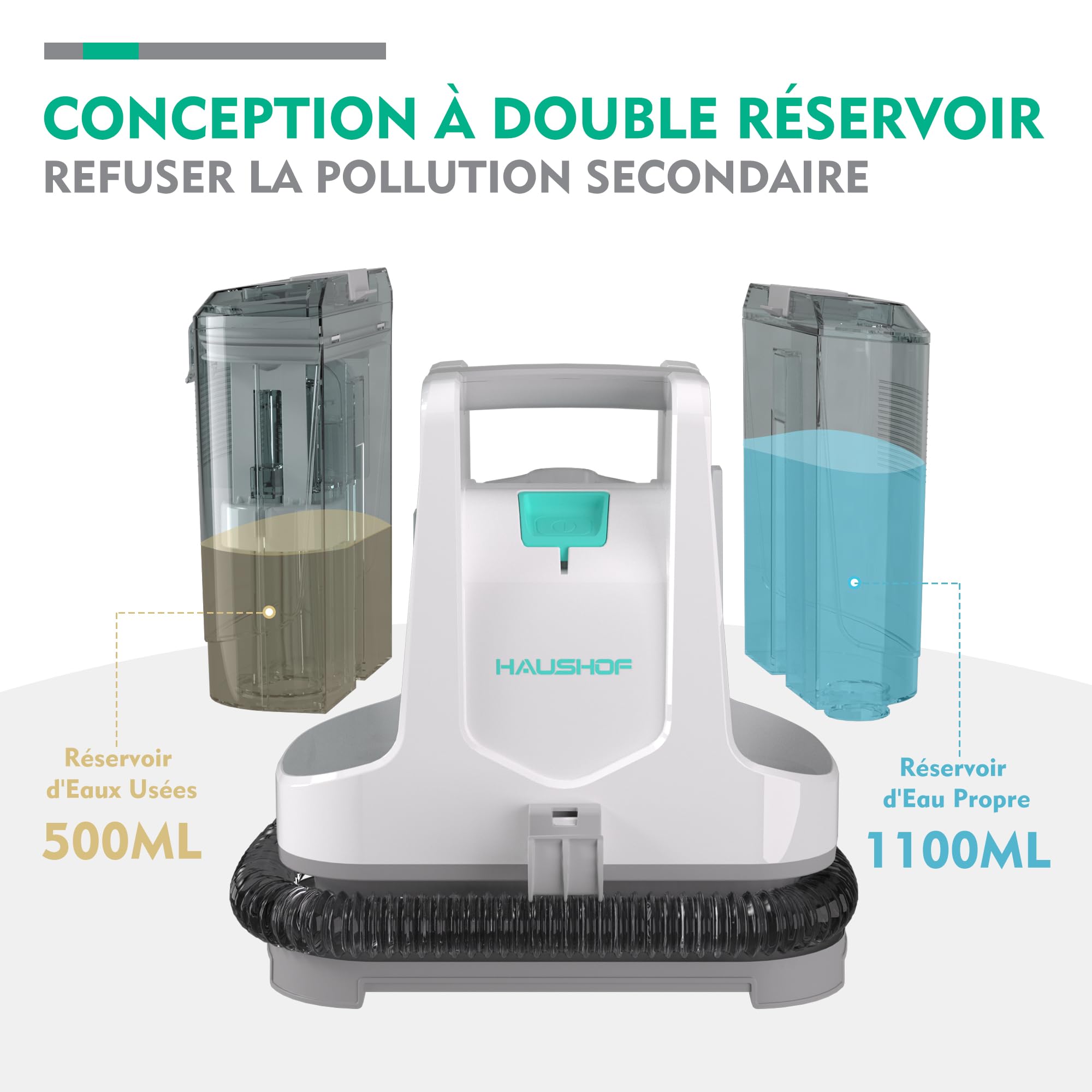 HAUSHOF StainZapper Shampouineuse, Nettoyeur de Tapis 400W, Nettoyeur Moquettes avec Double Réservoirs 1,1L+0,5L, Tuyau 1,2m, 85dB, 2 Buses pour Voiture/Coussins/Rideaux/Animaux, Accessoires Inclus