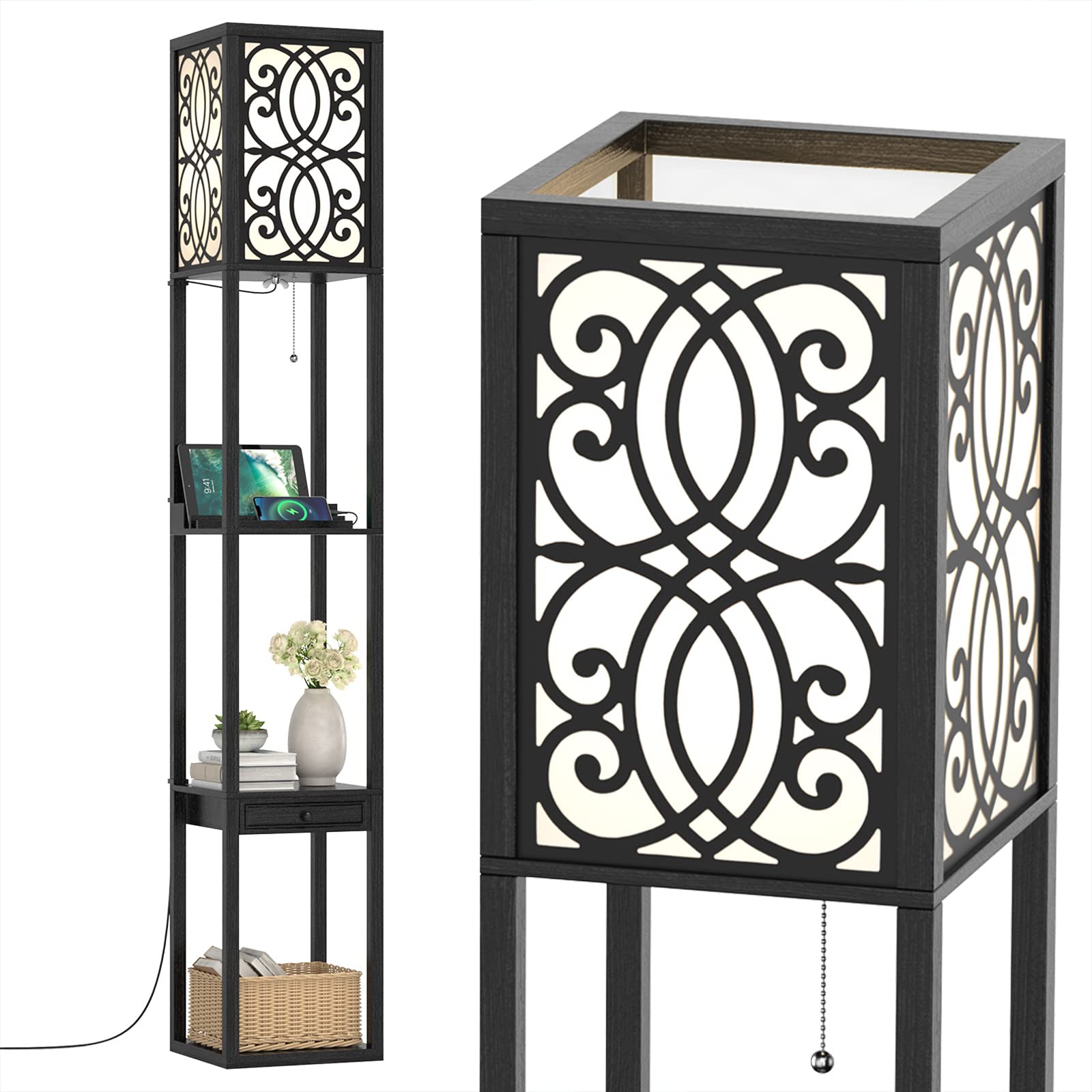RELAX4LIFE Lampadaire Étagère 160 CM, Lampadaire Salon sur Pied Moderne, Abat-jour en Tissu, Lampe sur Pied pour Salon Chambre Bureau (Style 4)