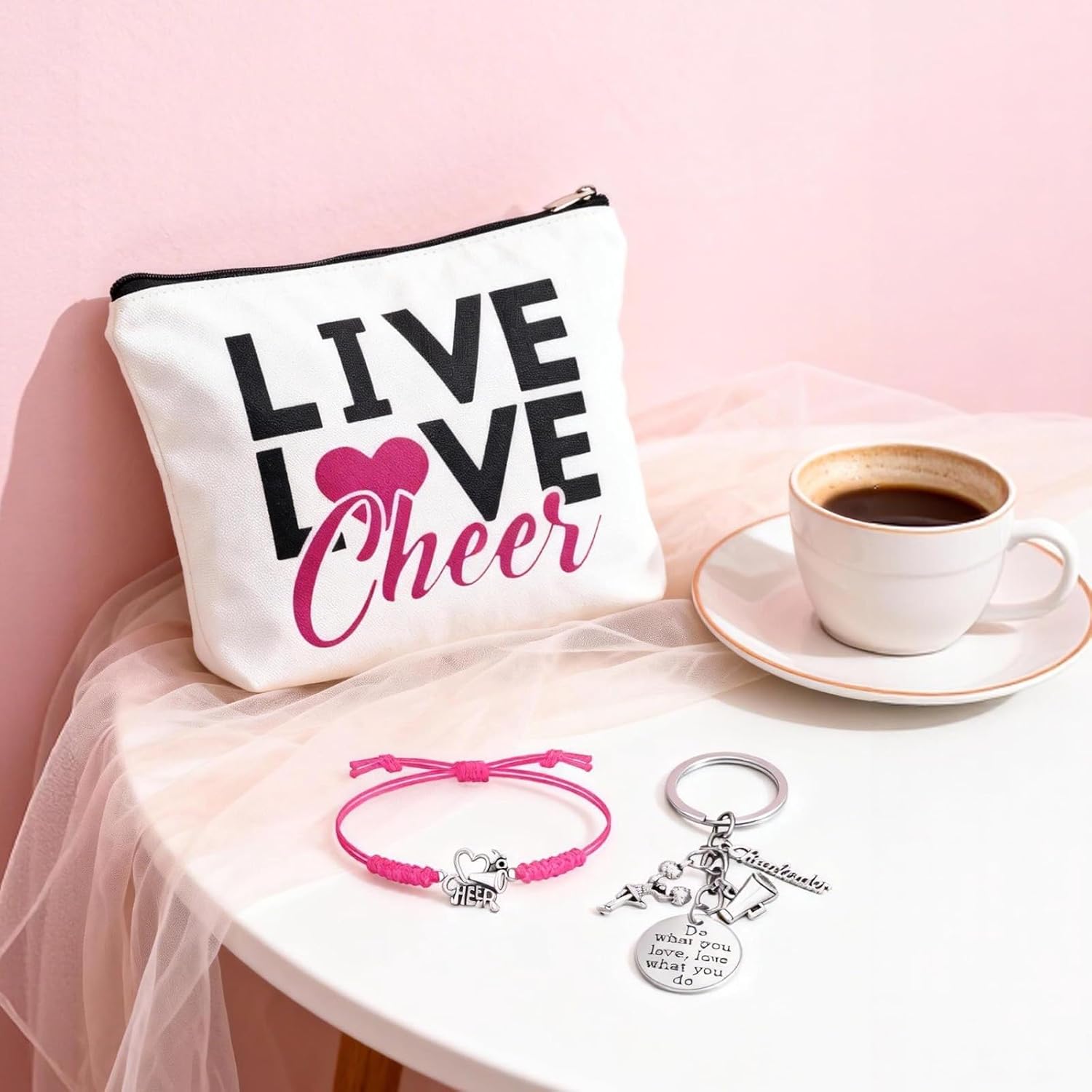 Cheerleader Gifts for Girls, 3 Pcs Cheerleading Gifts Including Complete Set with Fashionable Makeup Bag, Keychain and Cheerleading Bracelet, Cheerleader Accessories for Women and Girls (Pink) - Image 5
