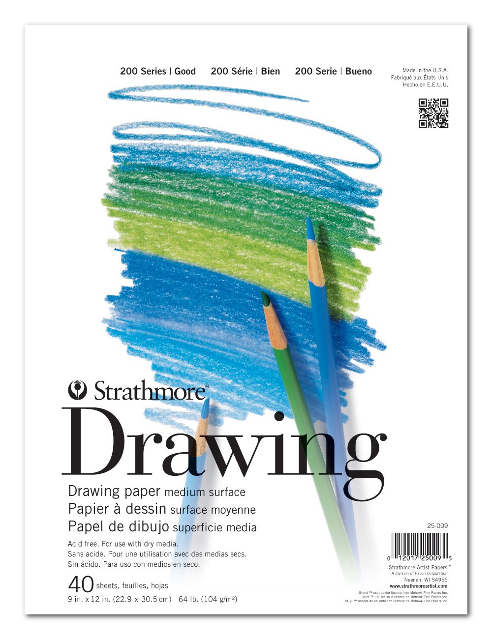 200 Series Drawing Paper, Tape Bound Pad, 9x12 inches, 40 Sheets (64lb/104g) - Artist Paper for Adults and Students - Charcoal, Colored Pencil, Ink, Pastel, Marker