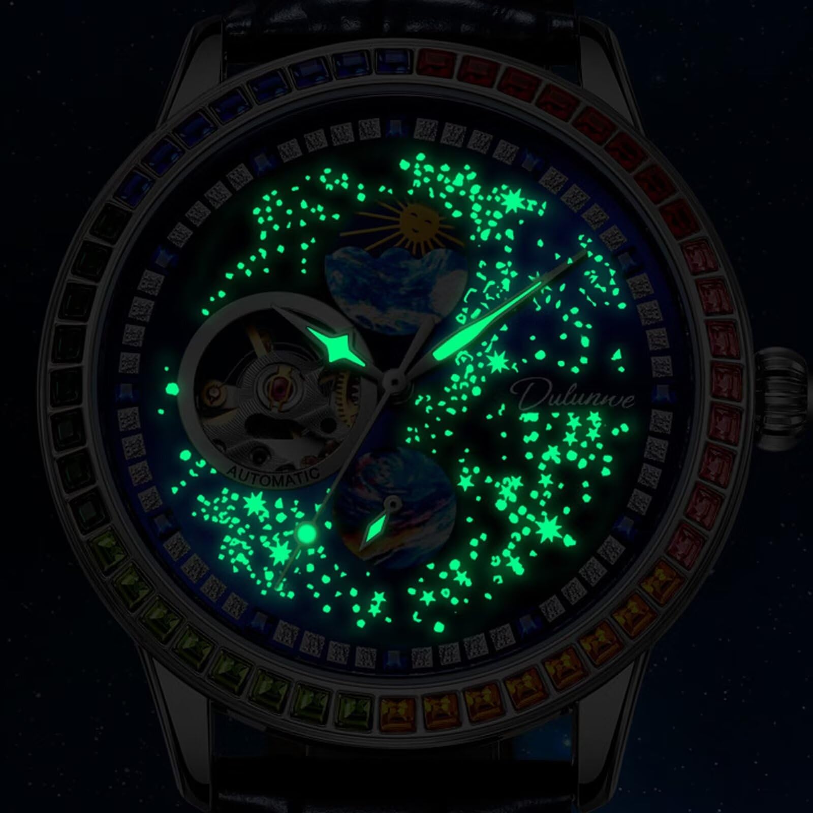 Orologio da uomo alla moda, quadrante con cielo stellato, meccanico a carica manuale, cinturino in pelle, casual, con fasi lunari, tourbillon, orologi automatici
