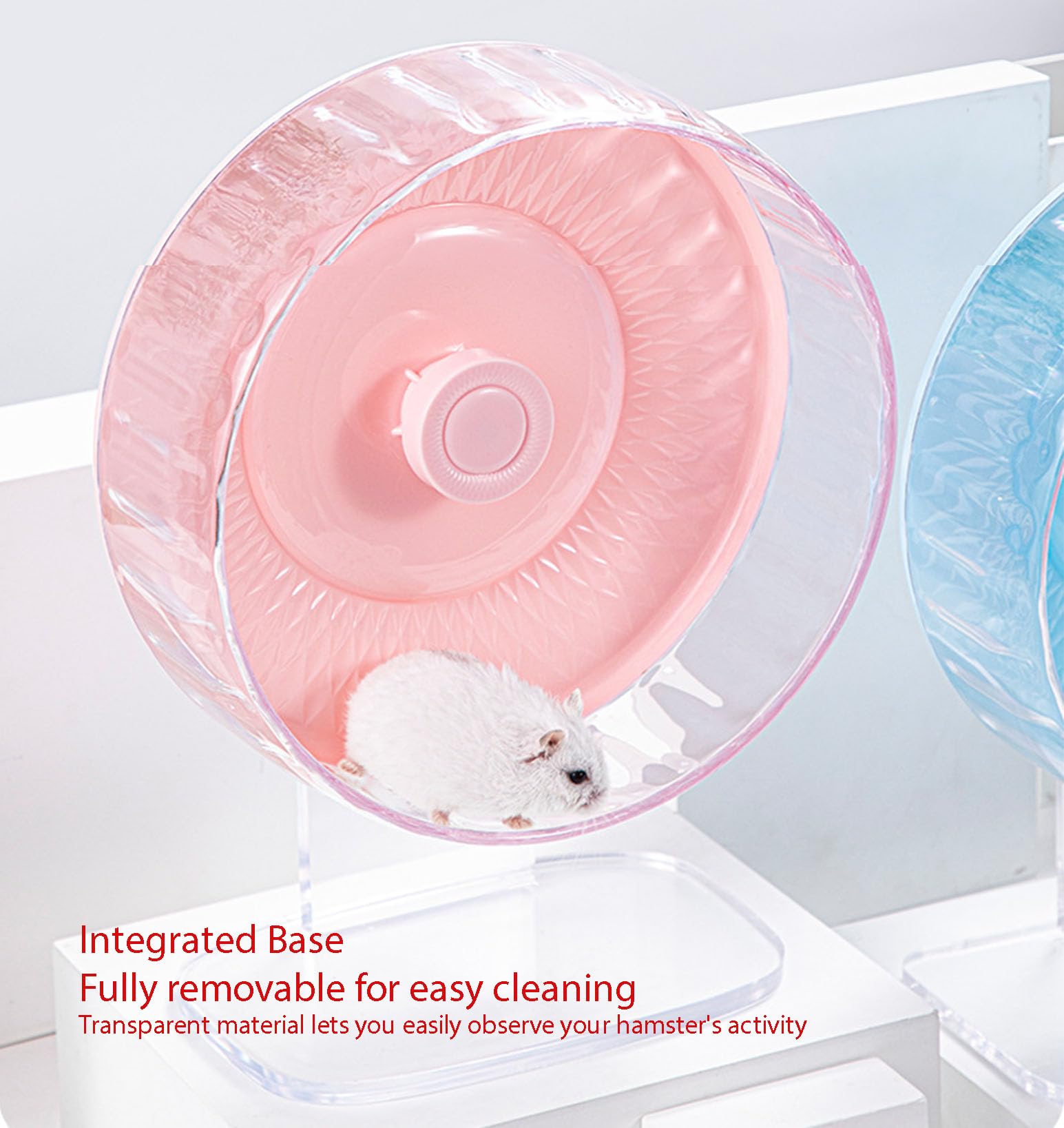 Rueda de ejercicio para hámster, rueda transparente ultra silenciosa de 23 cm con base extraíble, rodamientos silenciosos, accesorios para jaula de mascotas pequeñas, juego de 2 piezas