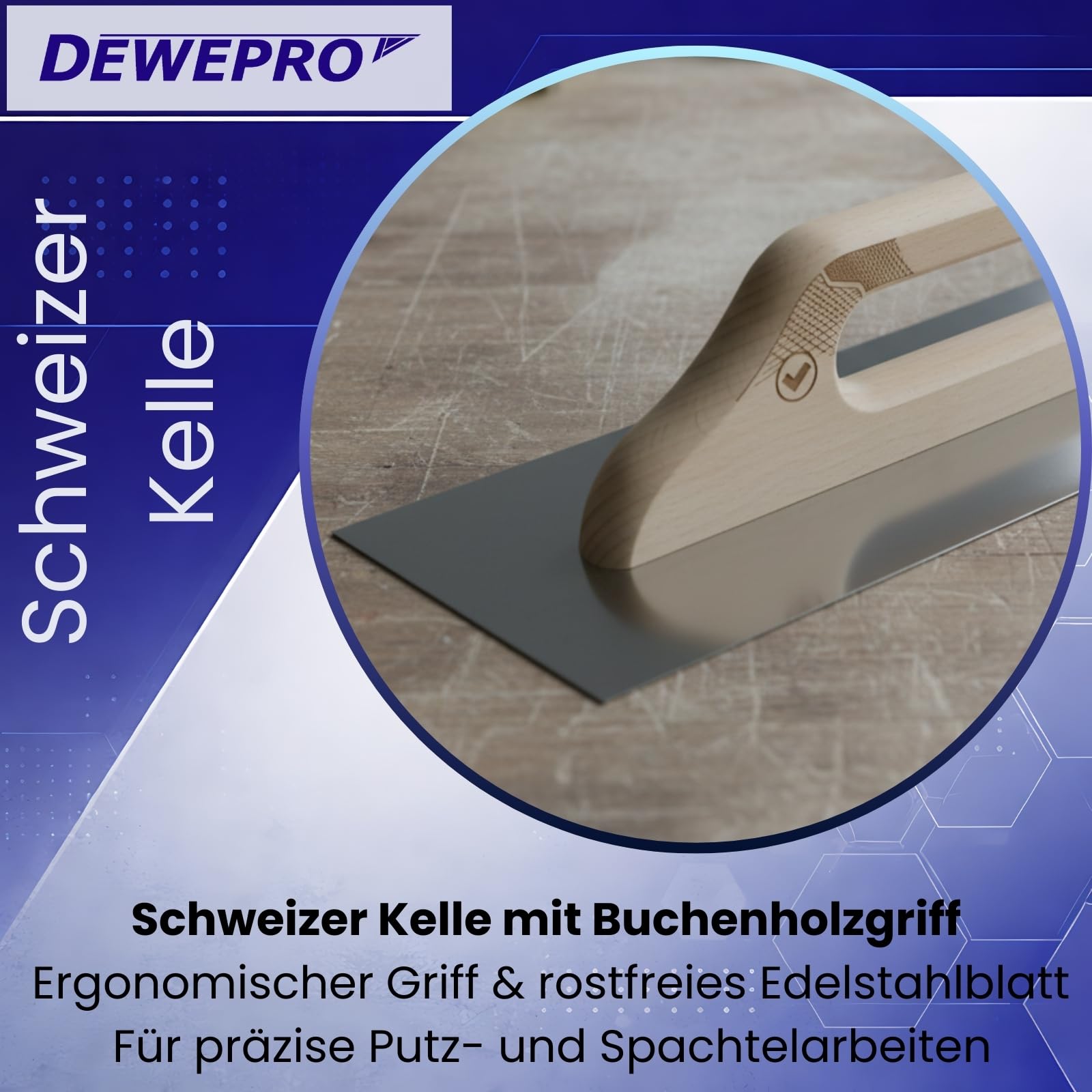 DEWEPRO® Frattazzo svizzera, Spatola Lisciante - Cazzuola per Intonaco - Acciaio Inossidabile 680 x 130 mm - Con Manico in Legno