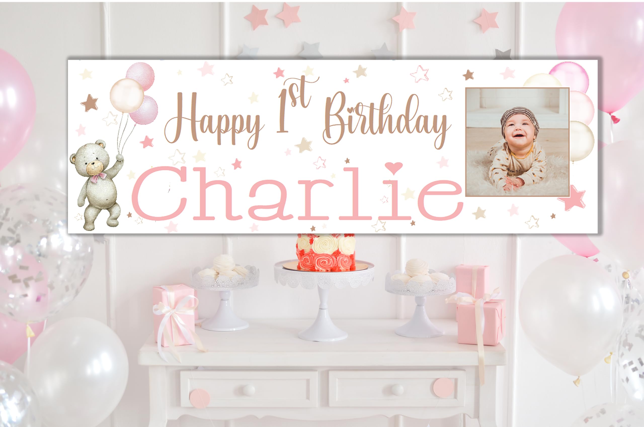 Large Personalised Girls 1st Birthday Banner with Photo Customised with Name and Age First Birthday Party Decorations 2nd Outdoor (Teddy Bear Pink, 6x2ft - Indoor Banner Paper)