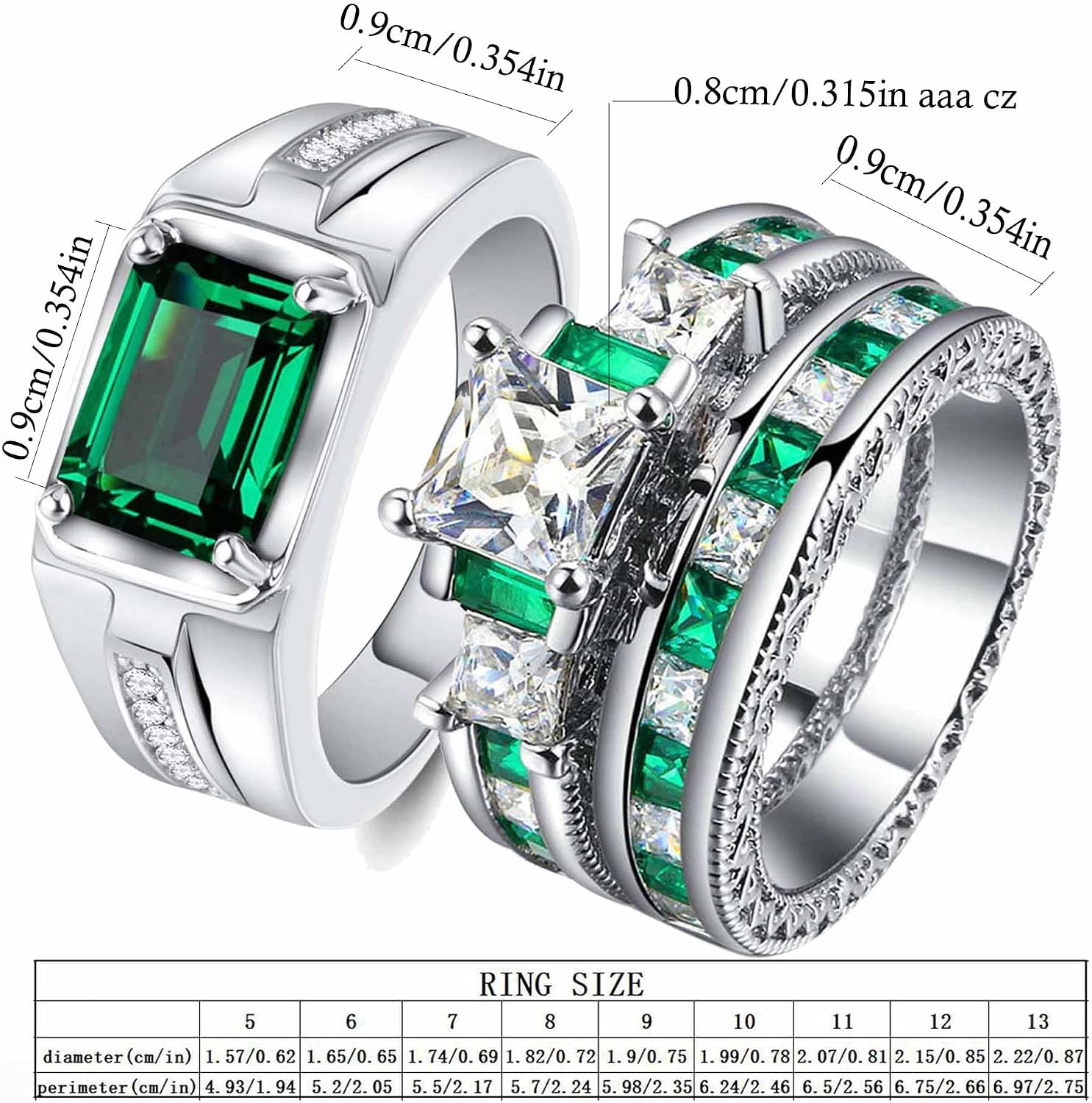 Couple Rings 1.5CT Green AAA CZ Women Wedding Ring Sets for Him and Her Rings Men Wedding Band