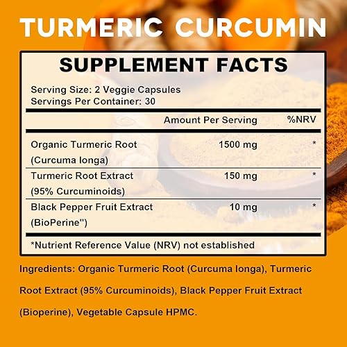 Miniatura 2 de Suplemento de curcumina de cúrcuma de 1650 mg cápsulas orgánicas de cúrcuma con 95% de extracto de pimienta negra de curcuminoides, función