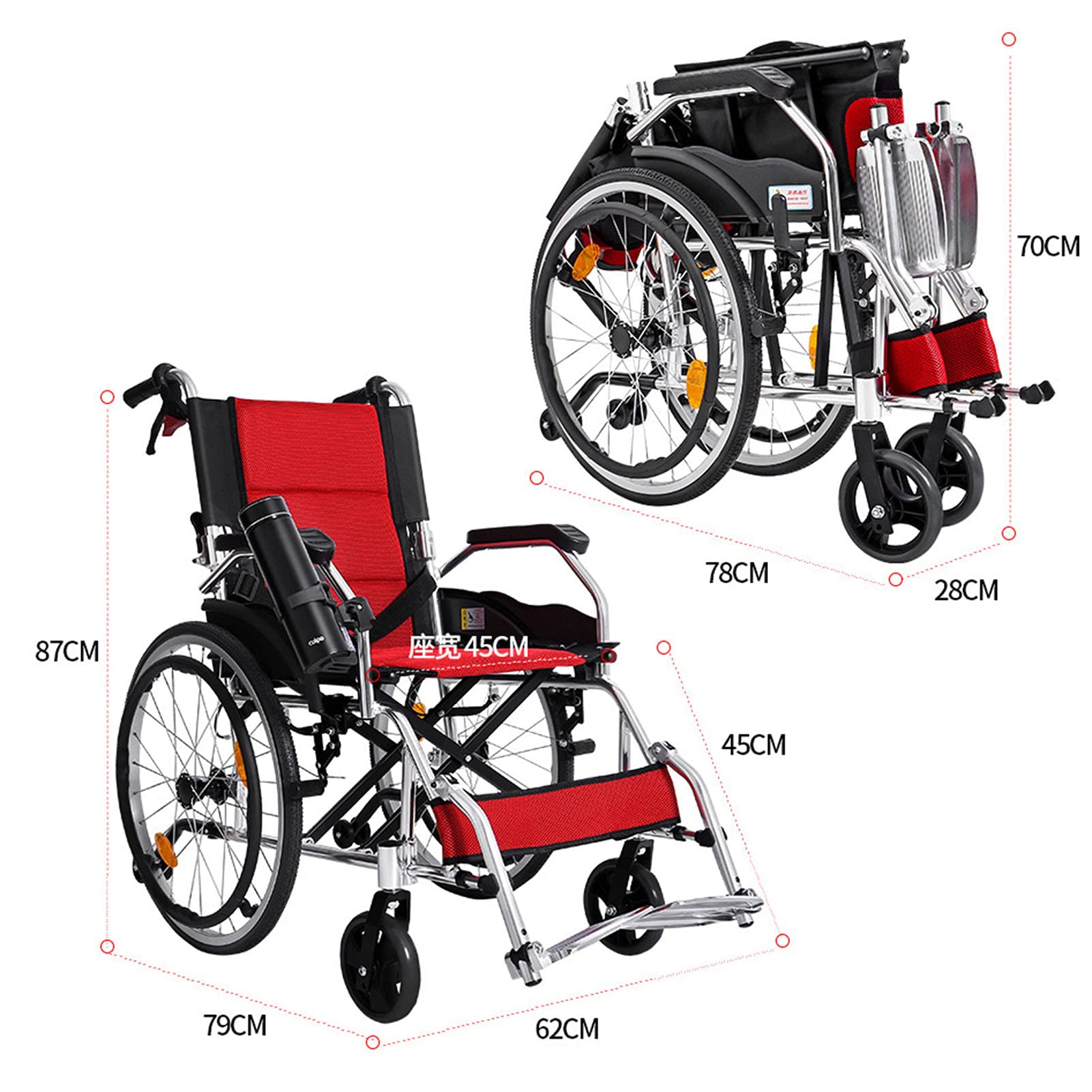 Silla de ruedas manual ligera con pedal plegable retráctil y frenos auxiliares para adultos, diseño portátil de aluminio para recuperación postoperatoria