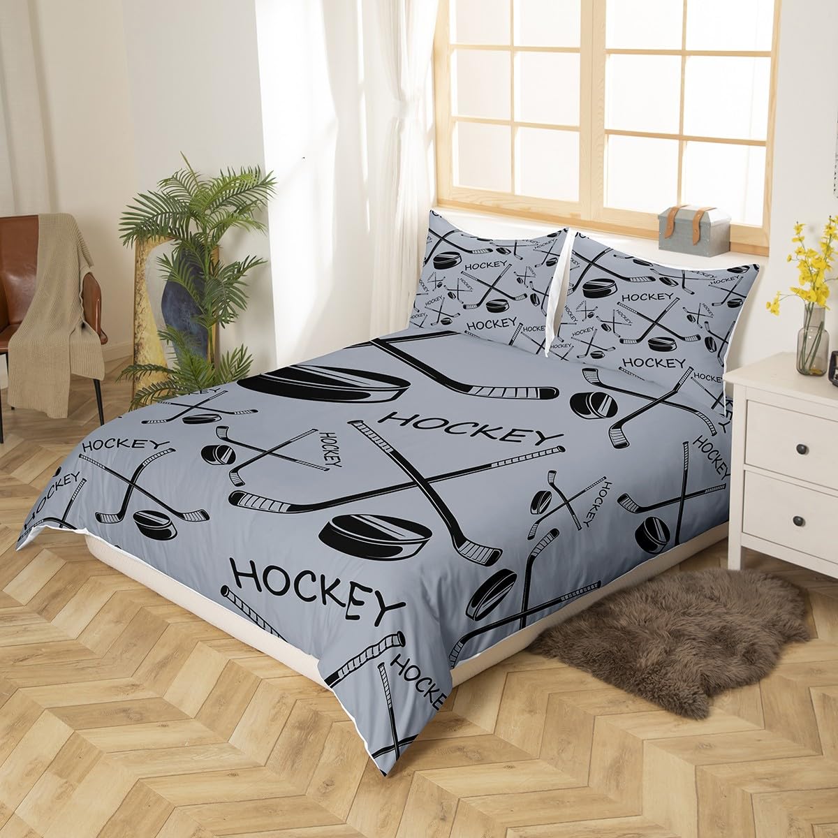 Loussiesd Ice Hockey Bedding Set Hockey Player Comforter Cover for Kids Teens Adults Puck Hockey Bed Cover Winter Sports Room Decor 2Pcs Single - Image 4
